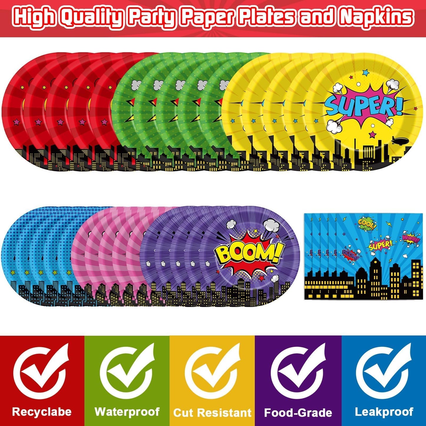 CHUNNIN 96Pcs Super Theme Hero Party Plates Napkins Forks Set for 24 Guests