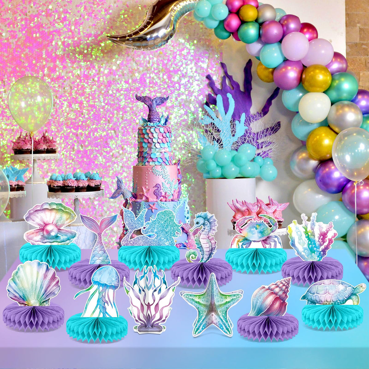 CHUNNIN 12Pcs Mermaid Honeycomb Centerpieces for Under the Sea Party – Ocean Theme Table Decor