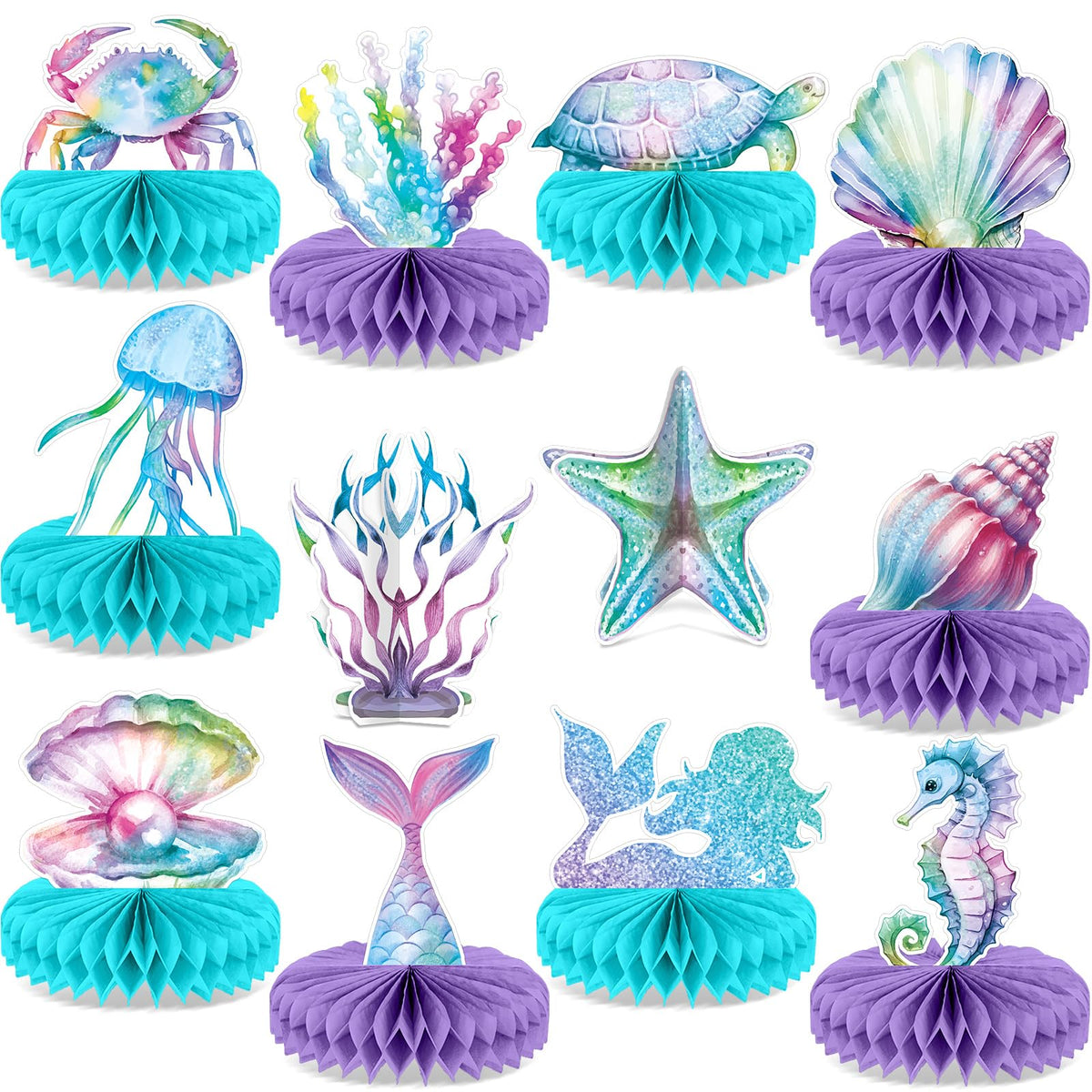 CHUNNIN 12Pcs Mermaid Honeycomb Centerpieces for Under the Sea Party – Ocean Theme Table Decor