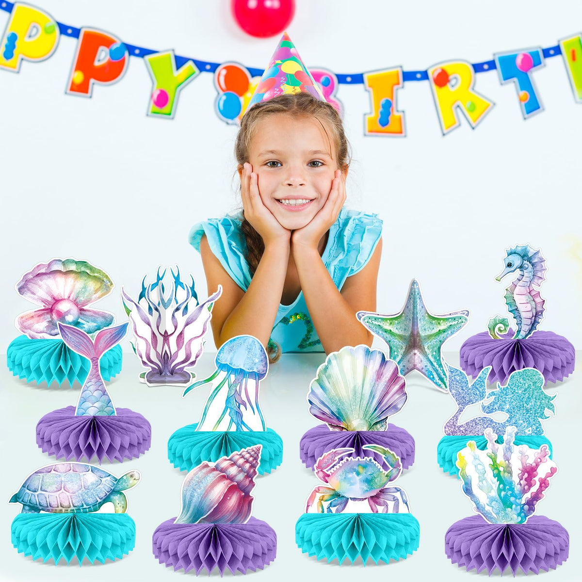 CHUNNIN 12Pcs Mermaid Honeycomb Centerpieces for Under the Sea Party – Ocean Theme Table Decor