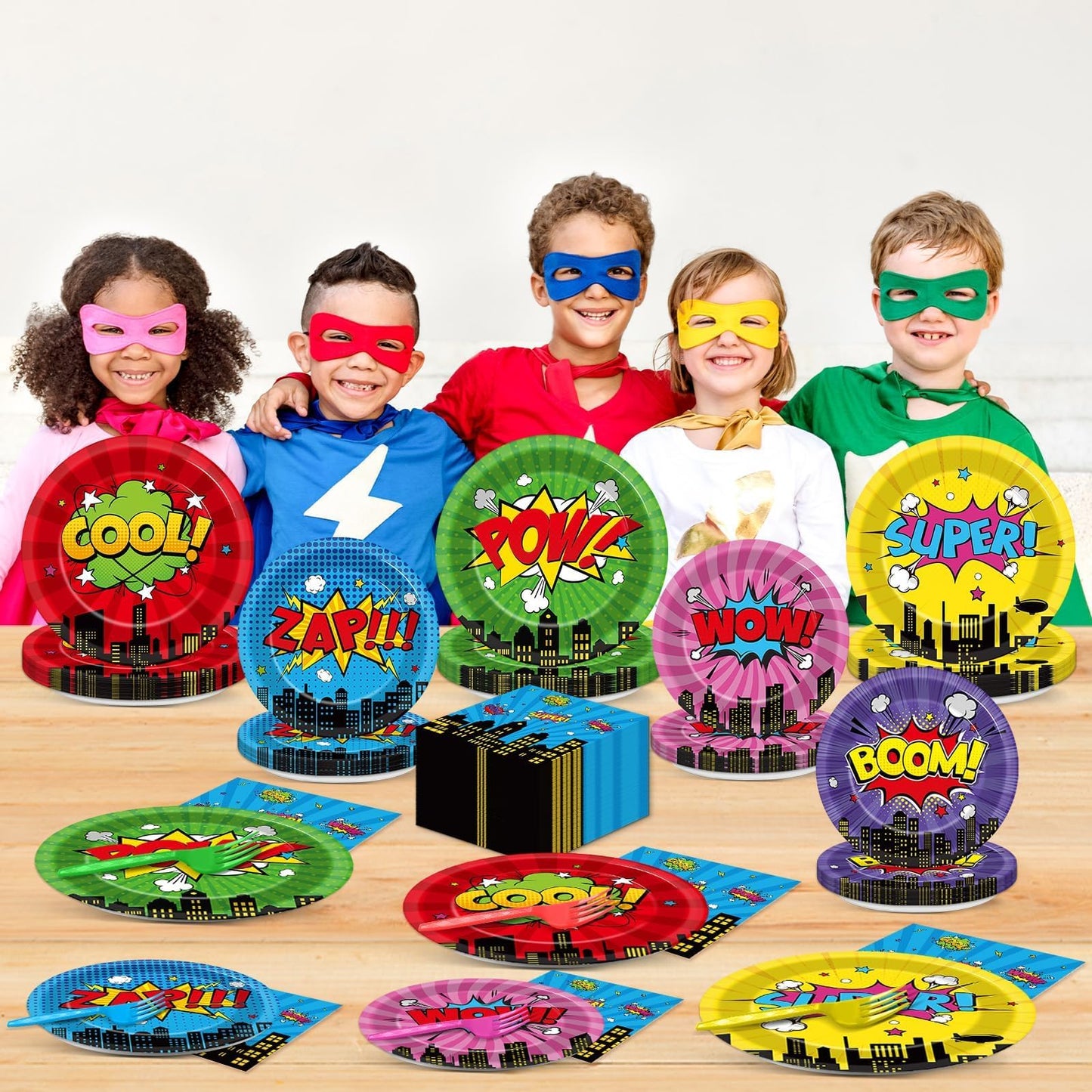 CHUNNIN 96Pcs Super Theme Hero Party Plates Napkins Forks Set for 24 Guests