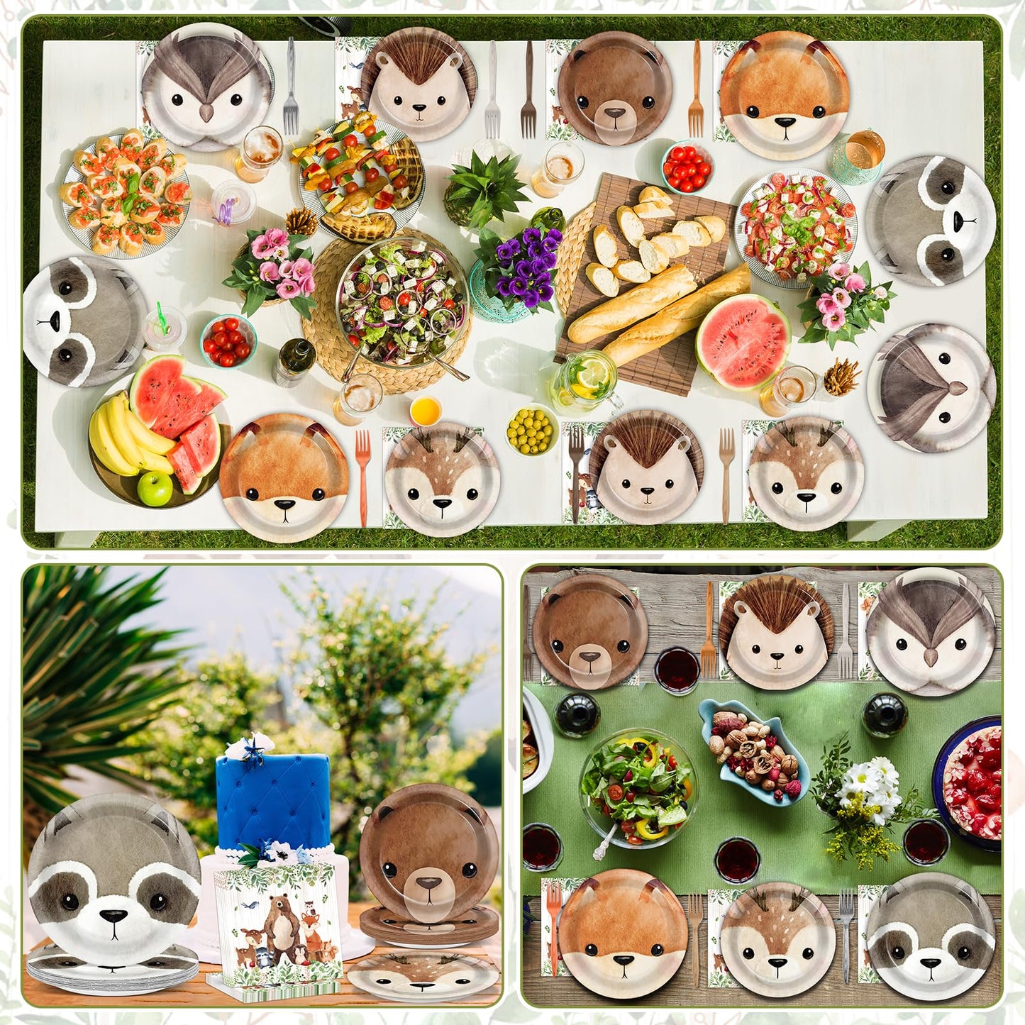 CHUNNIN 96Pcs Woodland Party Plates & Napkins — Animal-Themed Disposable Tableware for Kids (Serves 24)