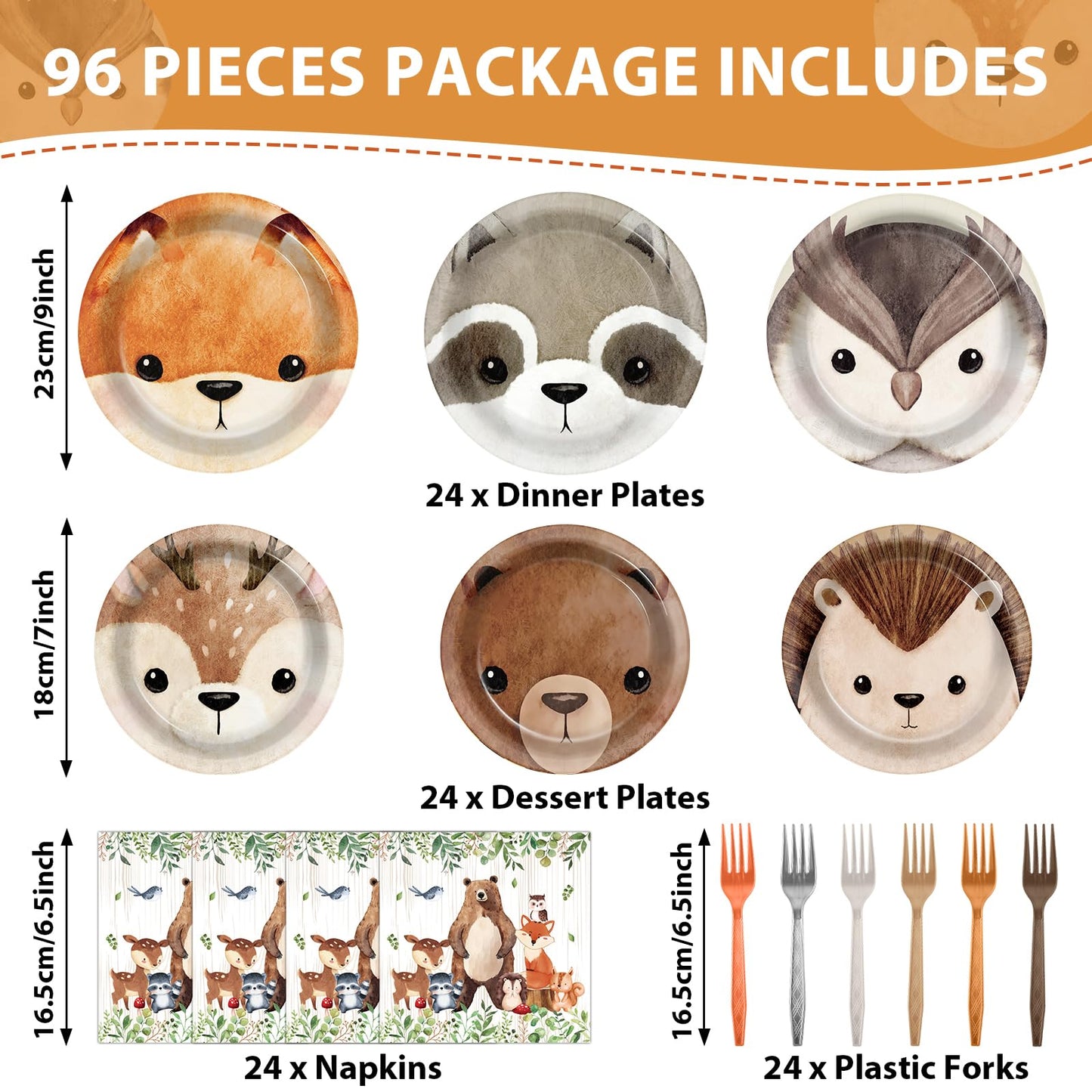 CHUNNIN 96Pcs Woodland Party Plates & Napkins — Animal-Themed Disposable Tableware for Kids (Serves 24)