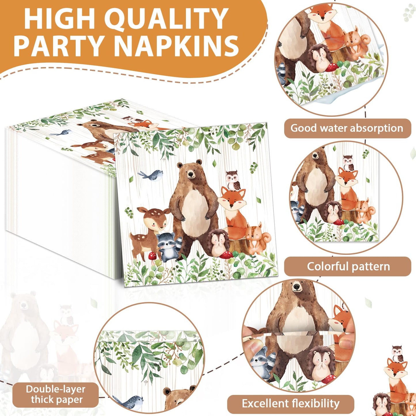 CHUNNIN 96Pcs Woodland Party Plates & Napkins — Animal-Themed Disposable Tableware for Kids (Serves 24)