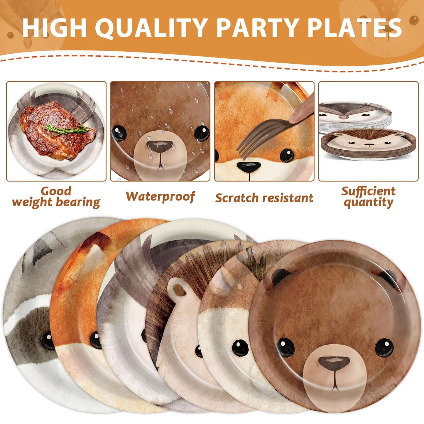 CHUNNIN 96Pcs Woodland Party Plates & Napkins — Animal-Themed Disposable Tableware for Kids (Serves 24)
