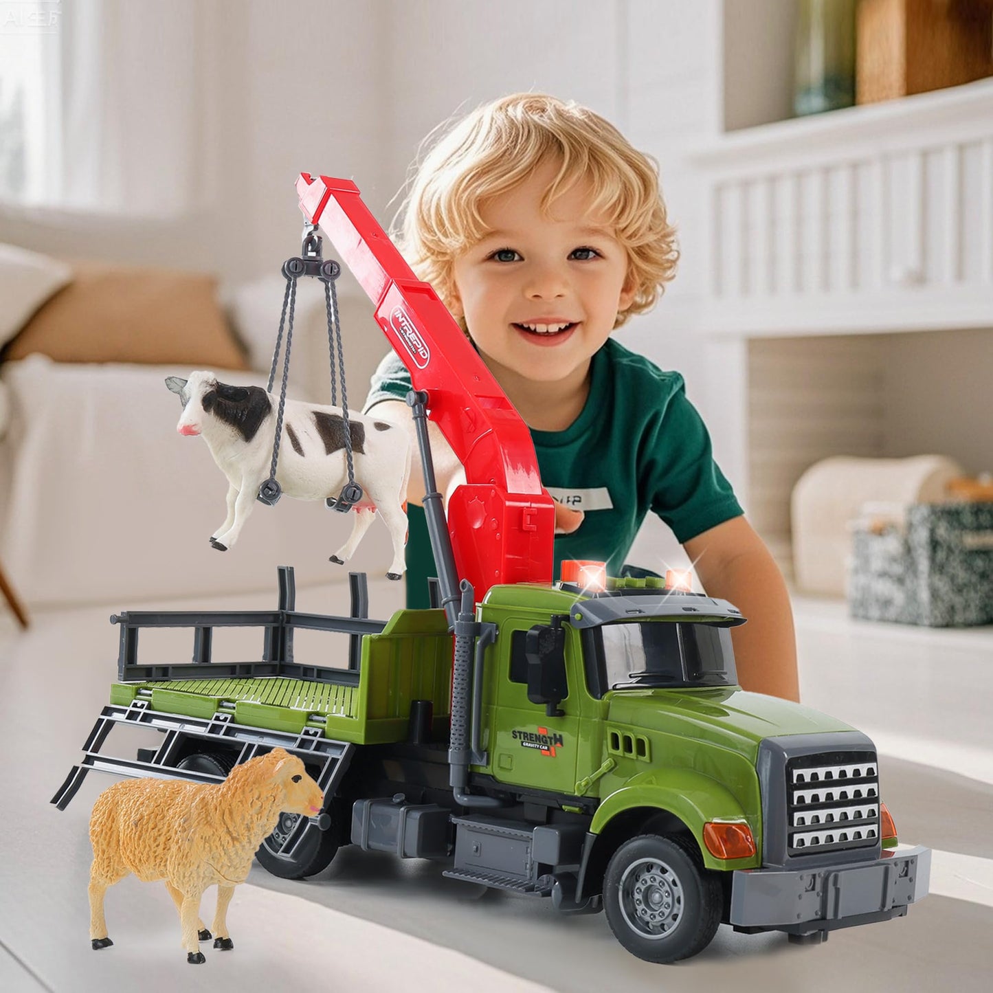 Chyucjl Large Farm Animal Transportation Truck Toy with Crane – Lights & Sounds for Ages 3–7