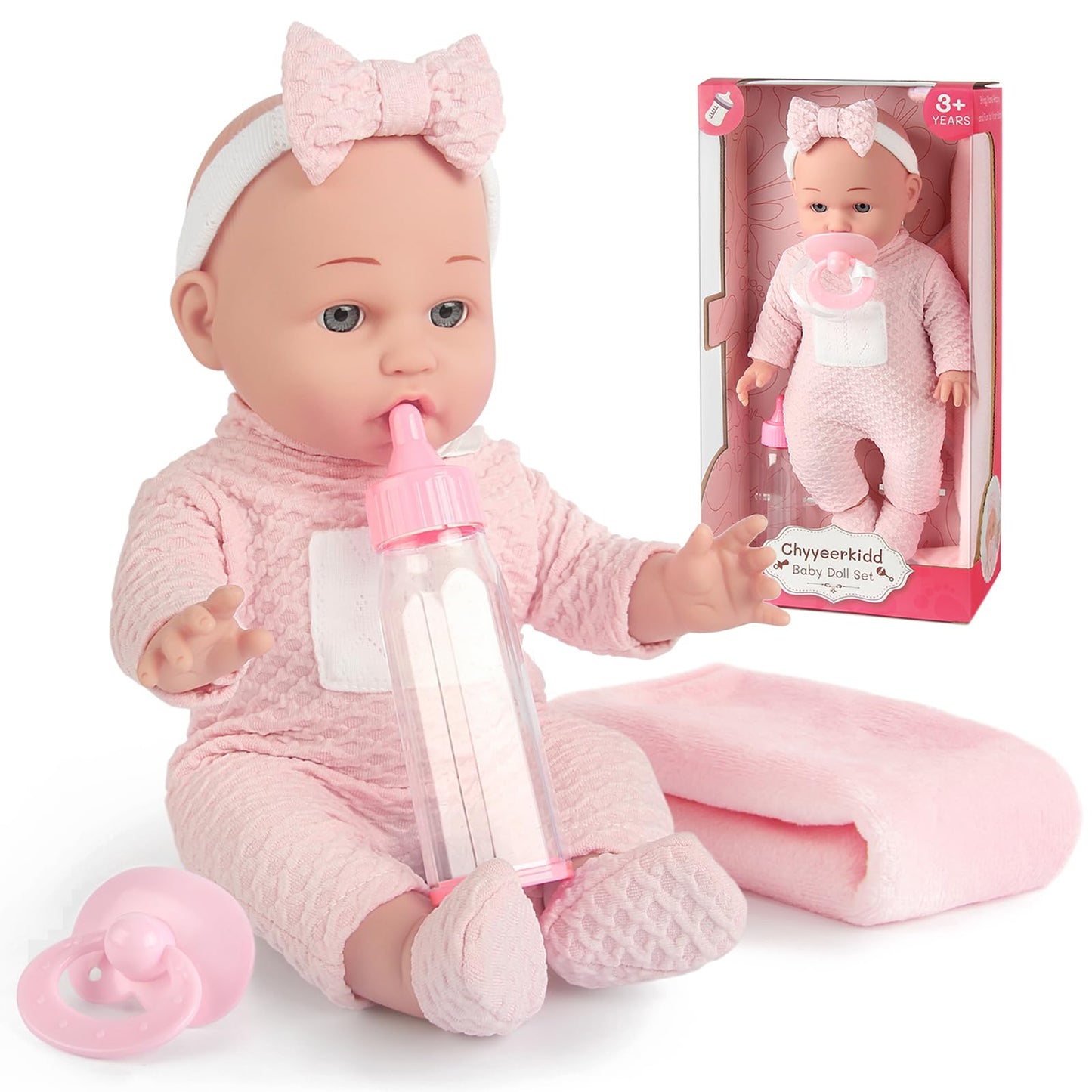 Chyyeerkidd 12in Baby Doll Gift Box – Pacifier, Bottle & Blanket | 3+ Pink