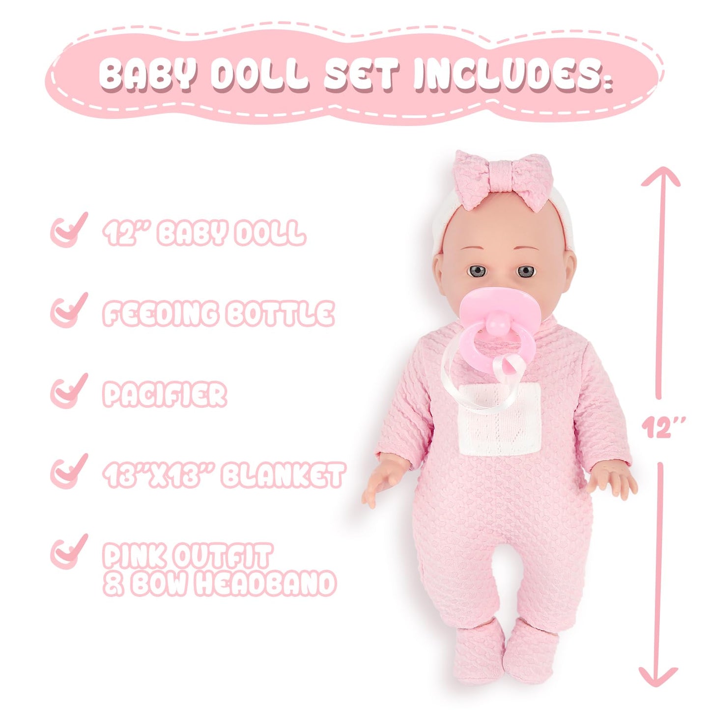 Chyyeerkidd 12in Baby Doll Gift Box – Pacifier, Bottle & Blanket | 3+ Pink