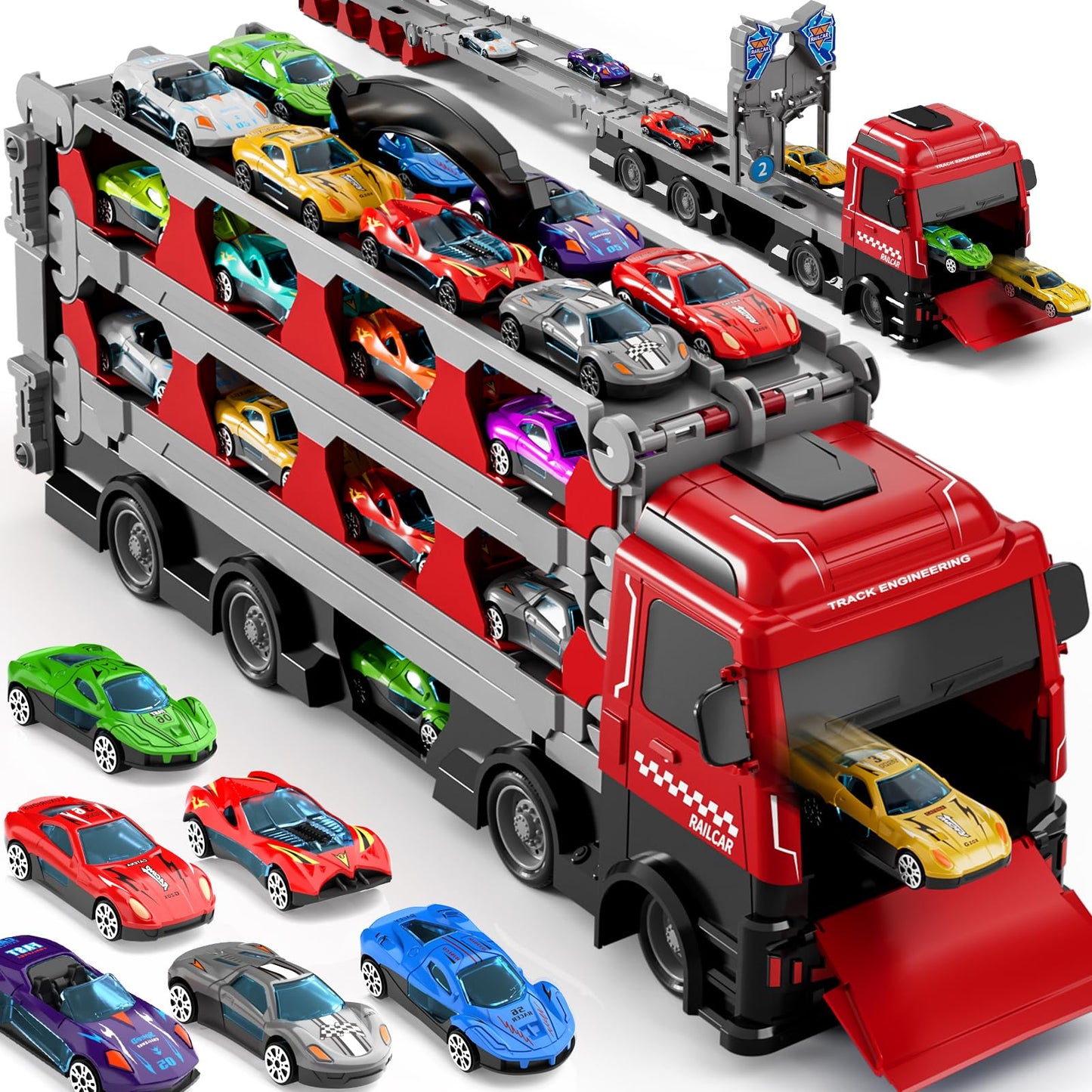 Ci Vetch 78-Inch Transport Truck + 24 Die-Cast Cars – Race Track Playset