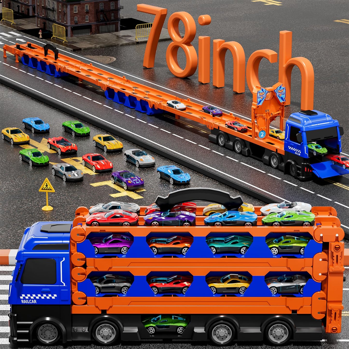 Ci Vetch Large Truck Toys for Toddlers 1-7 — 24 Die-Cast Cars + 78-Inch Race Track