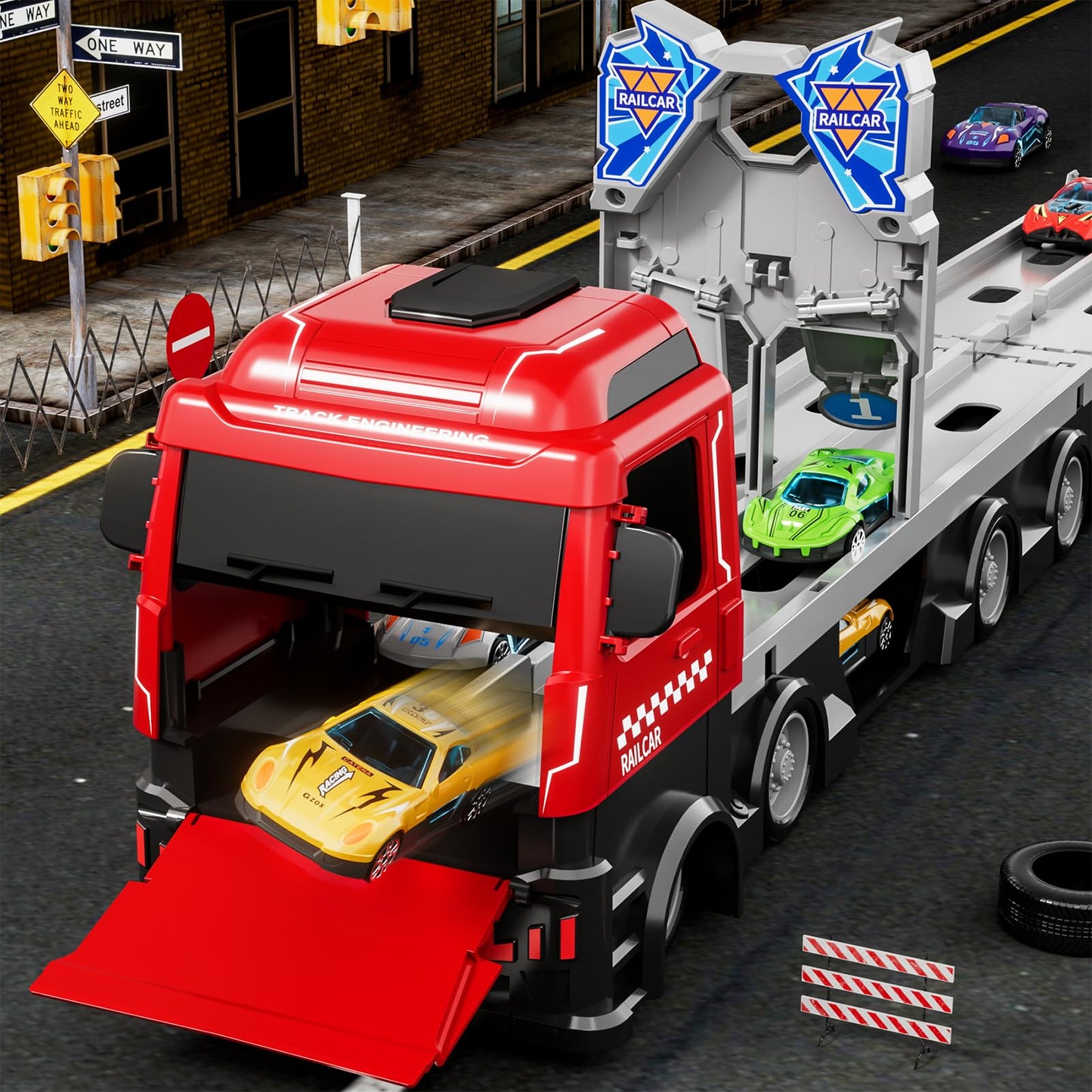 Ci Vetch 78-Inch Transport Truck + 24 Die-Cast Cars – Race Track Playset