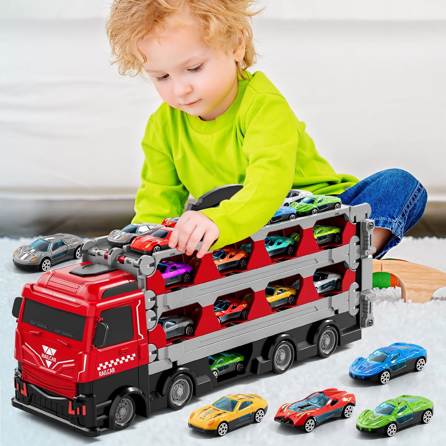 Ci Vetch 78-Inch Transport Truck + 24 Die-Cast Cars – Race Track Playset