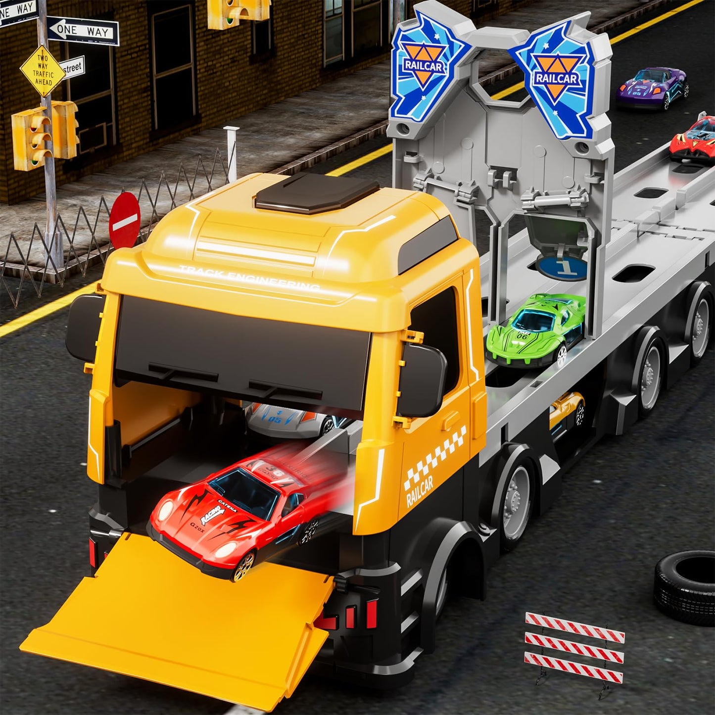 Ci Vetch 78-Inch Transport Truck Toy Set – 24 Die-Cast Cars, Dual-Launcher Race Track for Ages 1–7