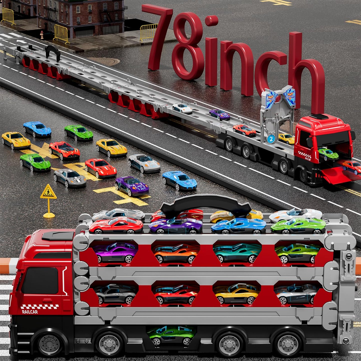 Ci Vetch 78-Inch Transport Truck + 24 Die-Cast Cars – Race Track Playset