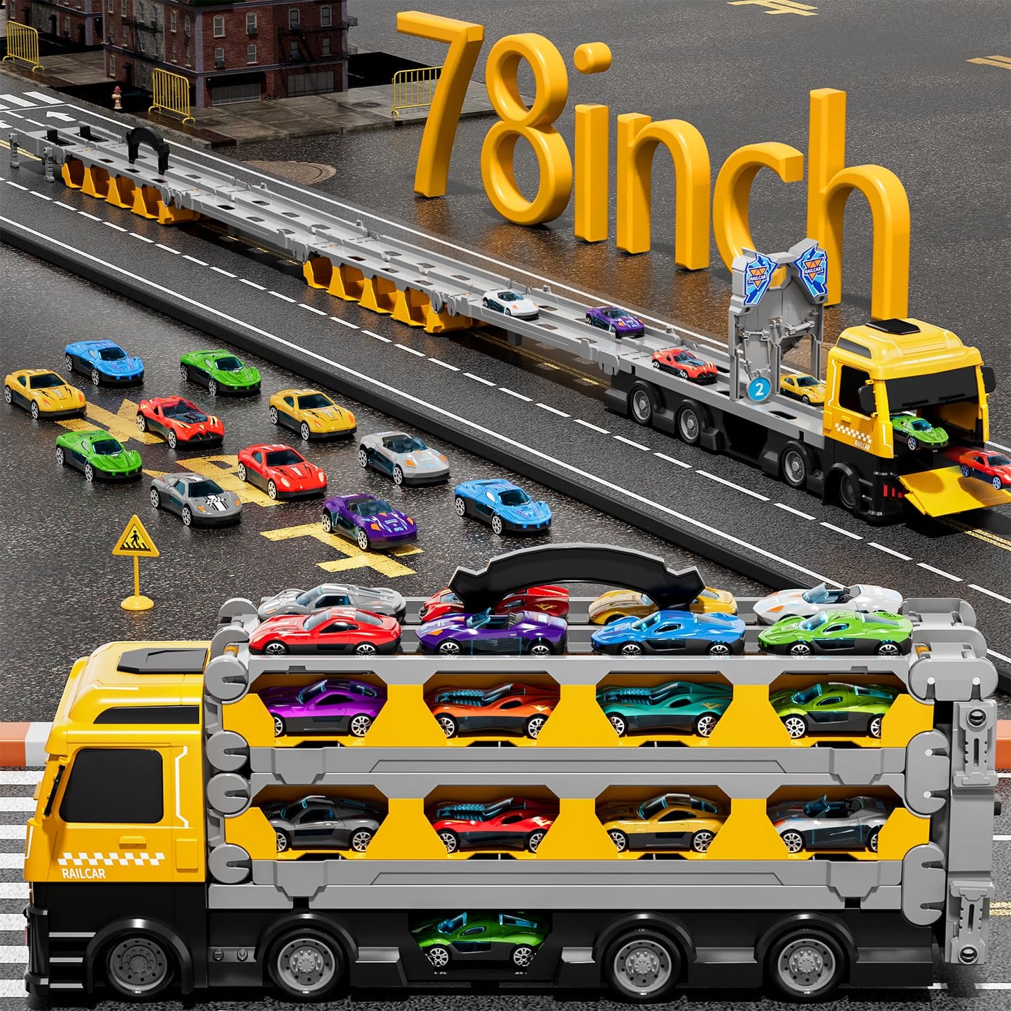 Ci Vetch 78-Inch Transport Truck Toy Set – 24 Die-Cast Cars, Dual-Launcher Race Track for Ages 1–7