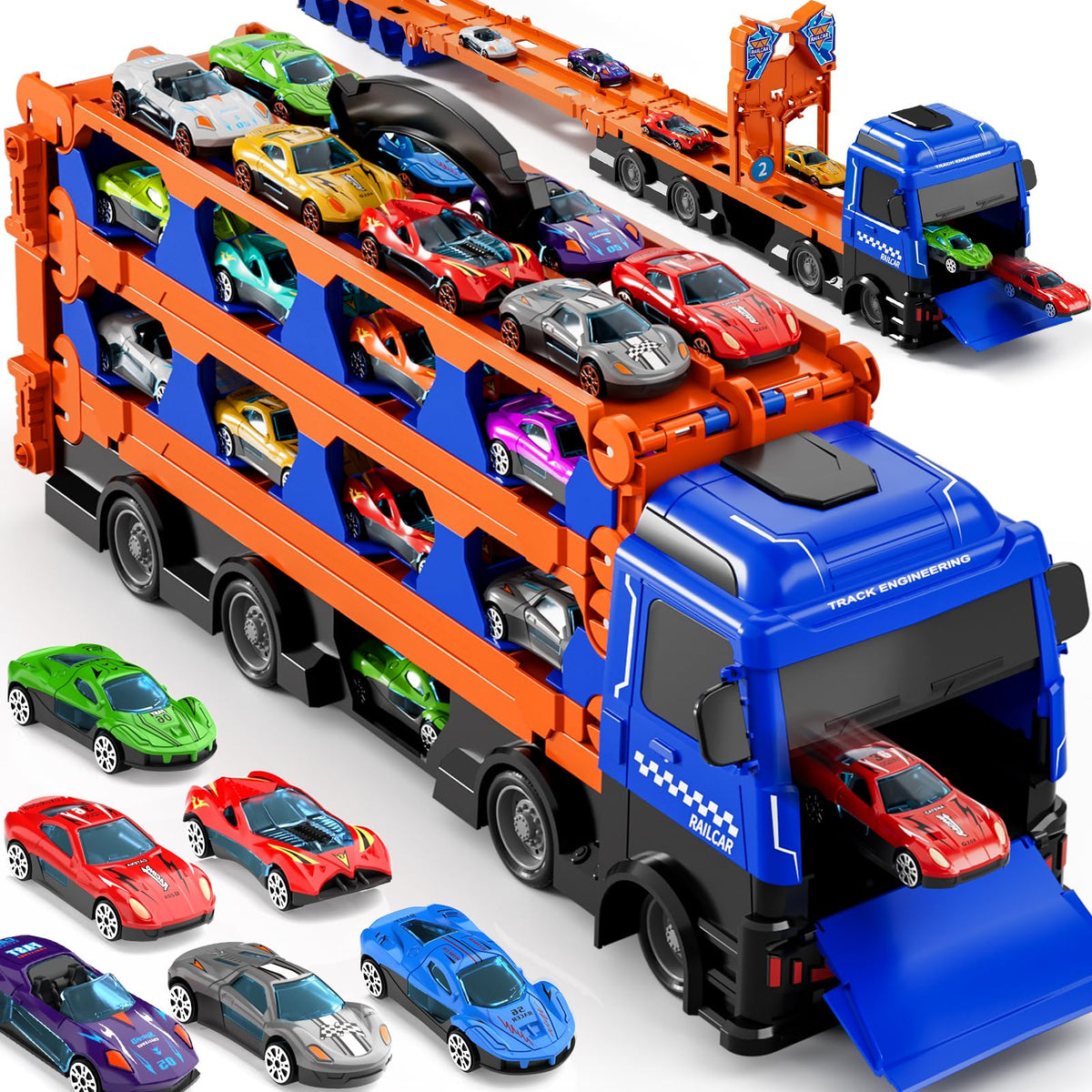 Ci Vetch Large Truck Toys for Toddlers 1-7 — 24 Die-Cast Cars + 78-Inch Race Track