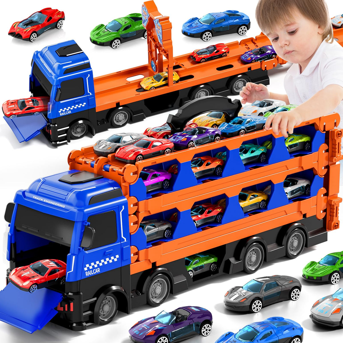Ci Vetch Large Truck Toys for Toddlers 1-7 — 24 Die-Cast Cars + 78-Inch Race Track