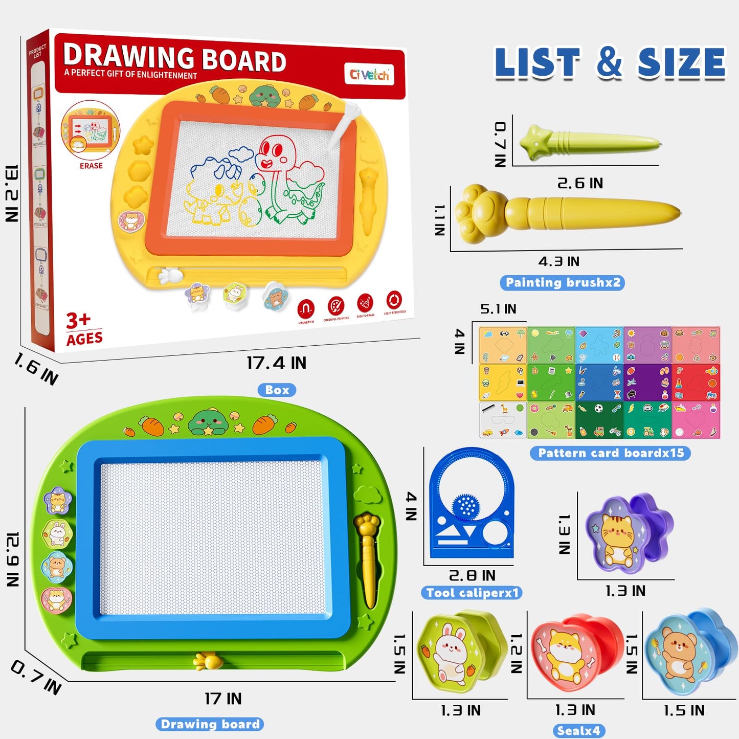 Ci Vetch Large Magnetic Drawing Board 13x17 in – Mess-Free Doodle Pad for Kids