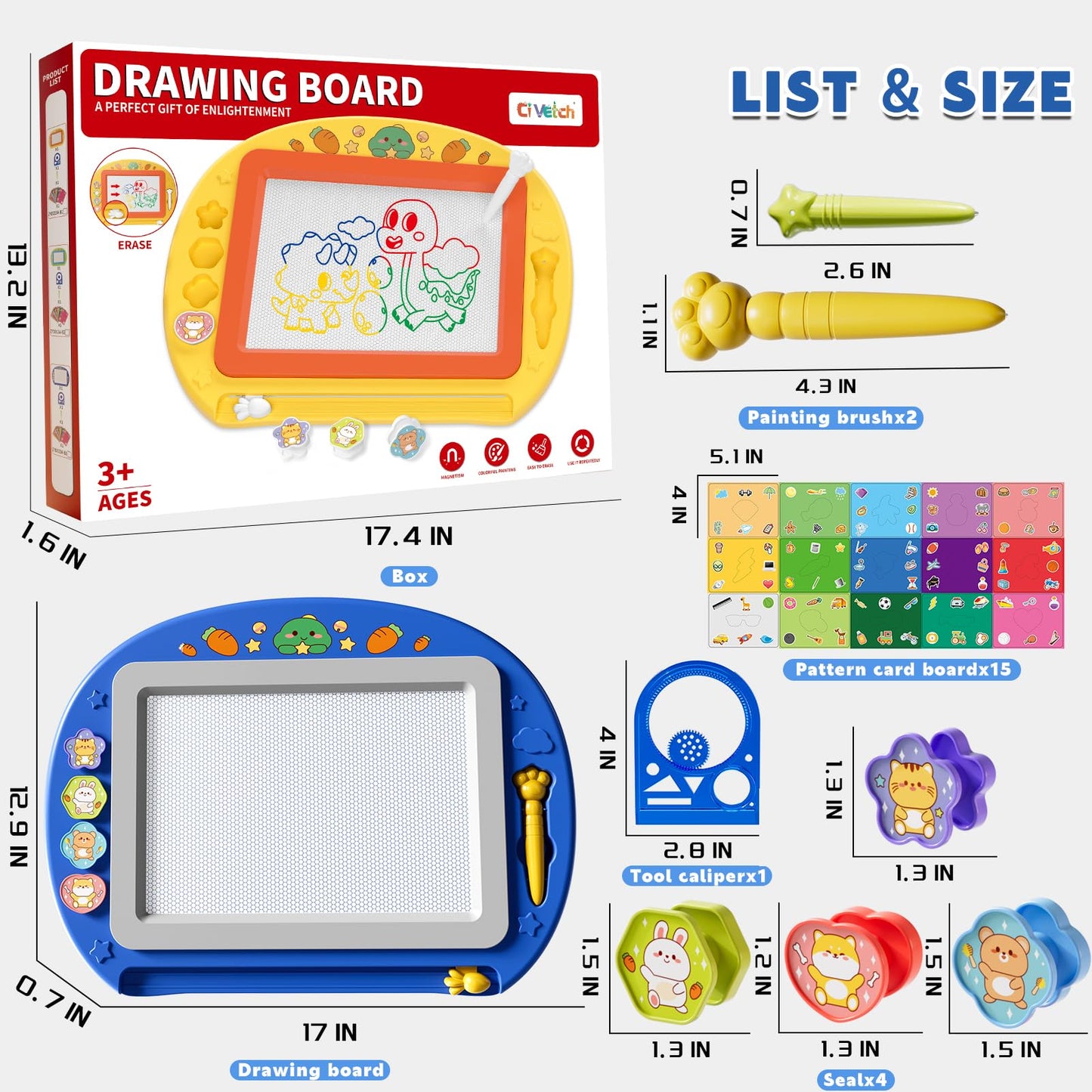 Ci Vetch Large Magnetic Drawing Board 13x17 in – Mess-Free Doodle Pad for Kids