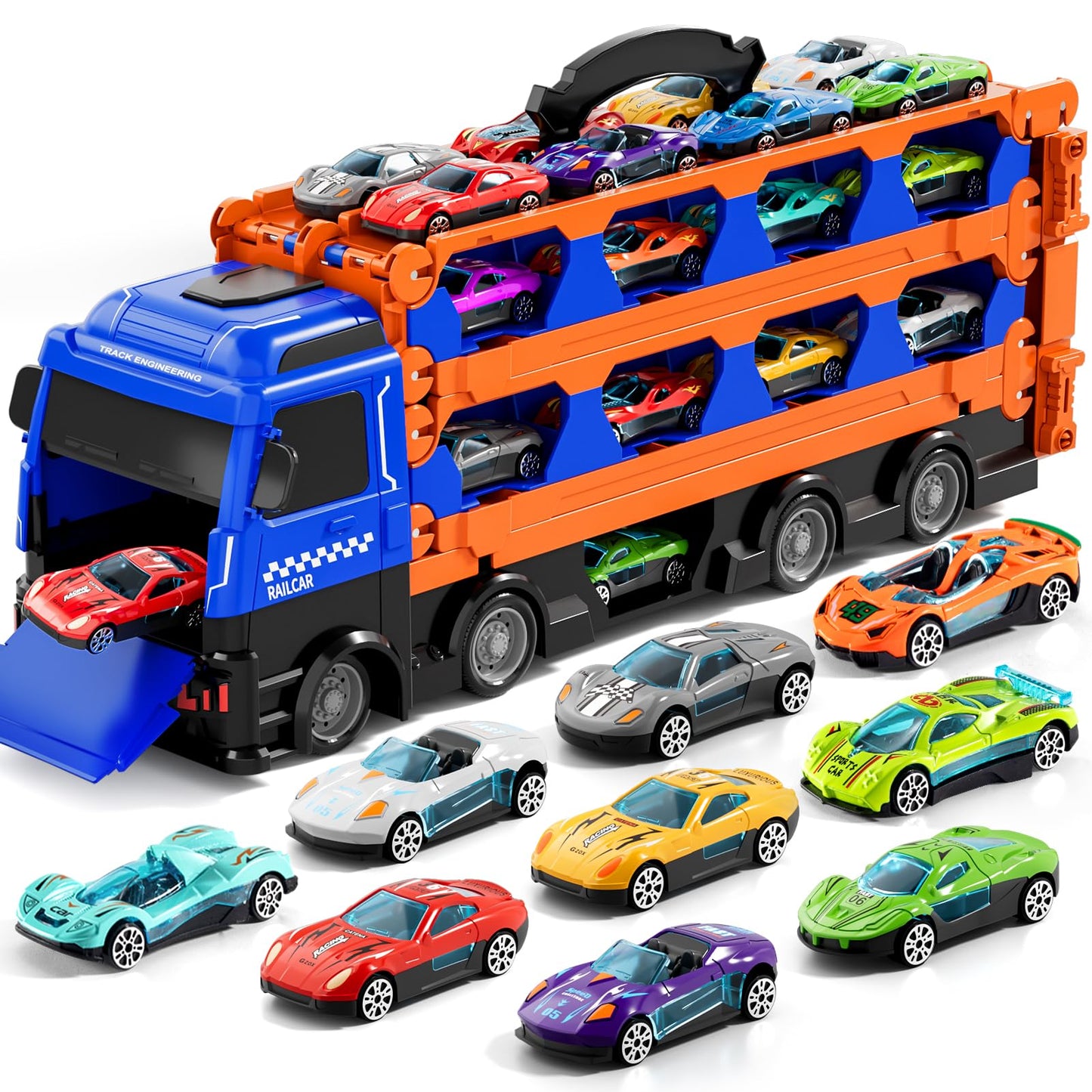Ci Vetch Large Truck Toys for Toddlers 1-7 — 24 Die-Cast Cars + 78-Inch Race Track
