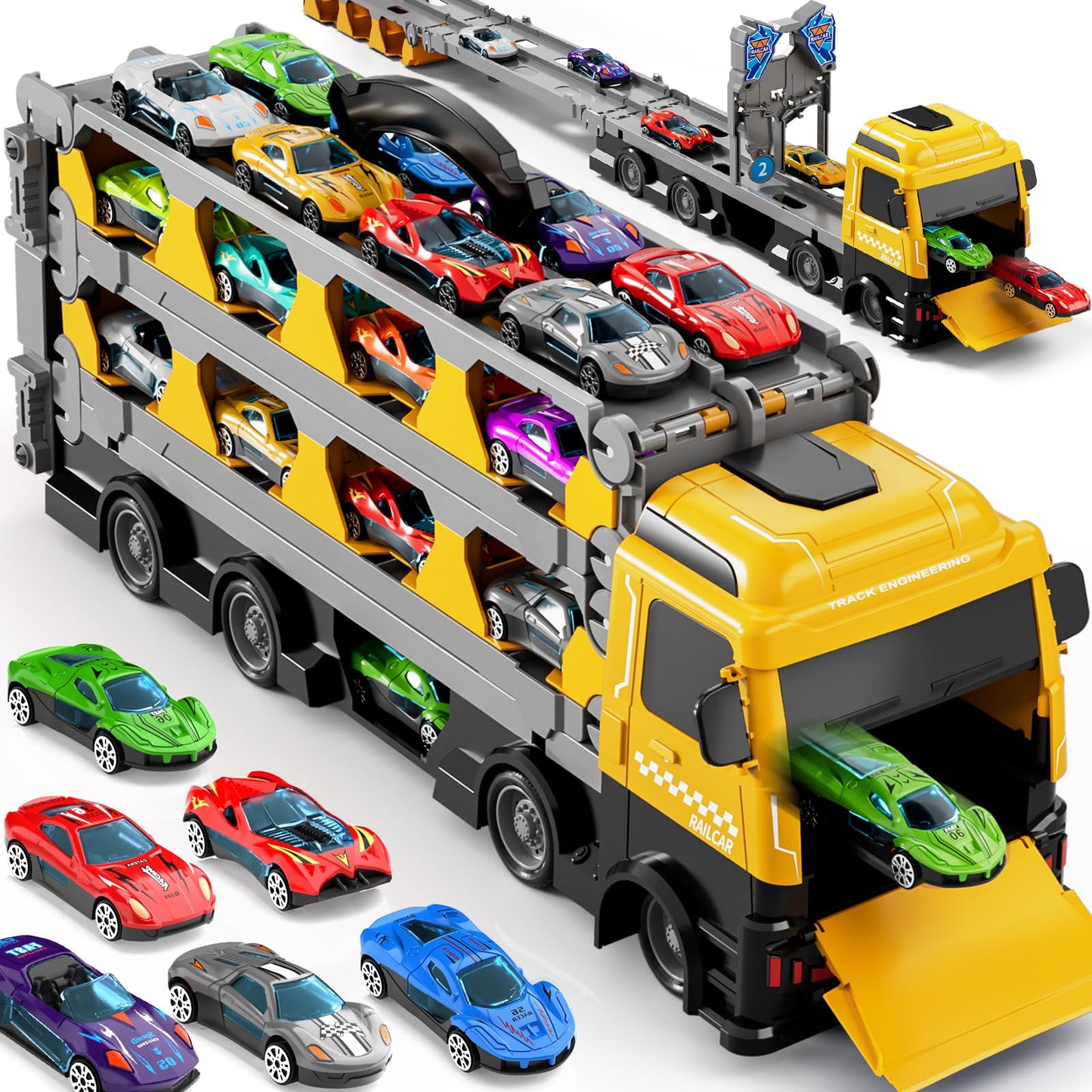Ci Vetch 78-Inch Transport Truck Toy Set – 24 Die-Cast Cars, Dual-Launcher Race Track for Ages 1–7