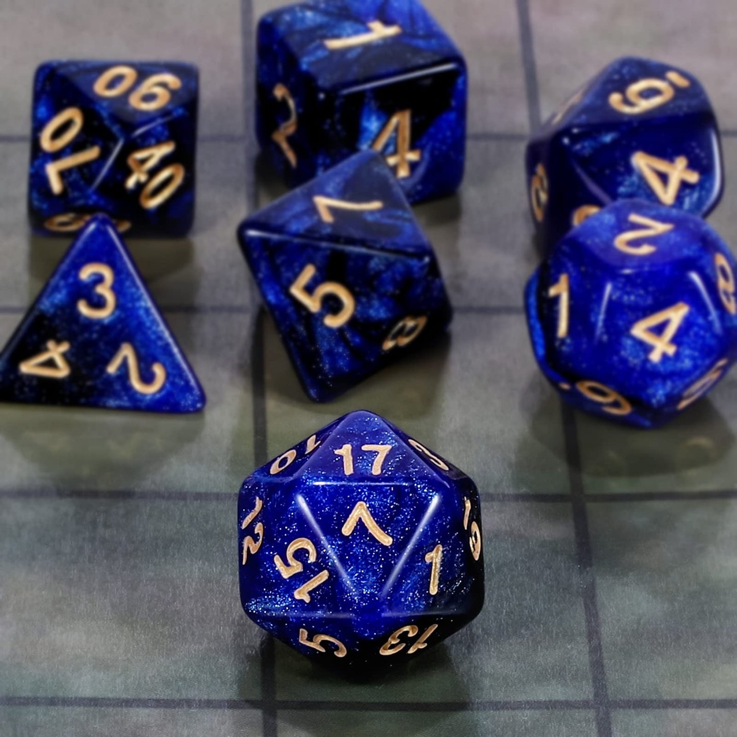 CiaraQ DND Polyhedral Dice Set with Dark Blue Glitter Pouch – 7 Dice + Velvet Bag