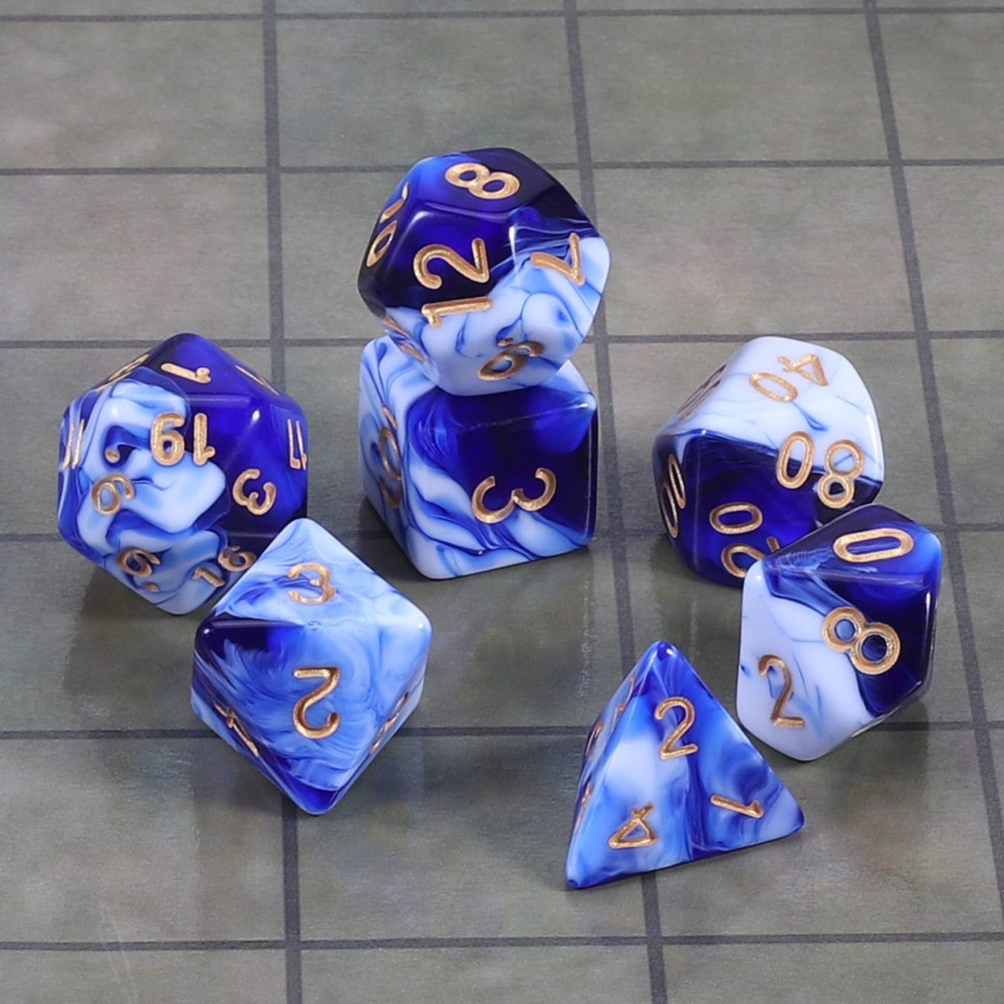CiaraQ DND Polyhedral Dice Set with Velvet Bag – Blue Mixed White, for D&D & MTG