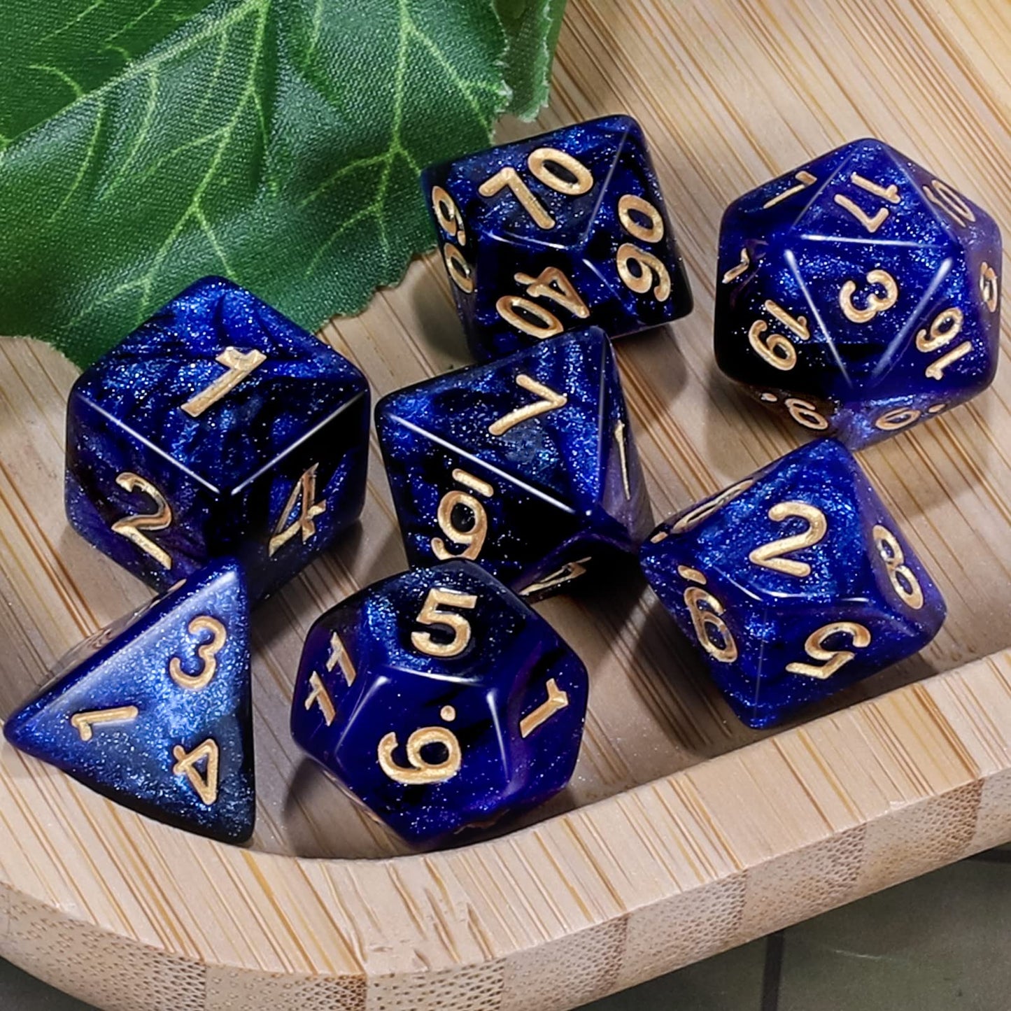CiaraQ DND Polyhedral Dice Set with Dark Blue Glitter Pouch – 7 Dice + Velvet Bag