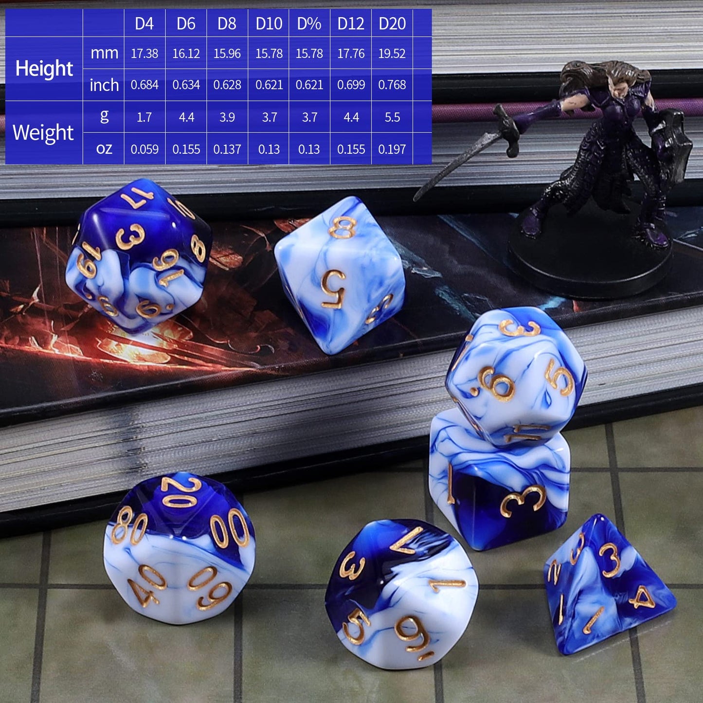 CiaraQ DND Polyhedral Dice Set with Velvet Bag – Blue Mixed White, for D&D & MTG