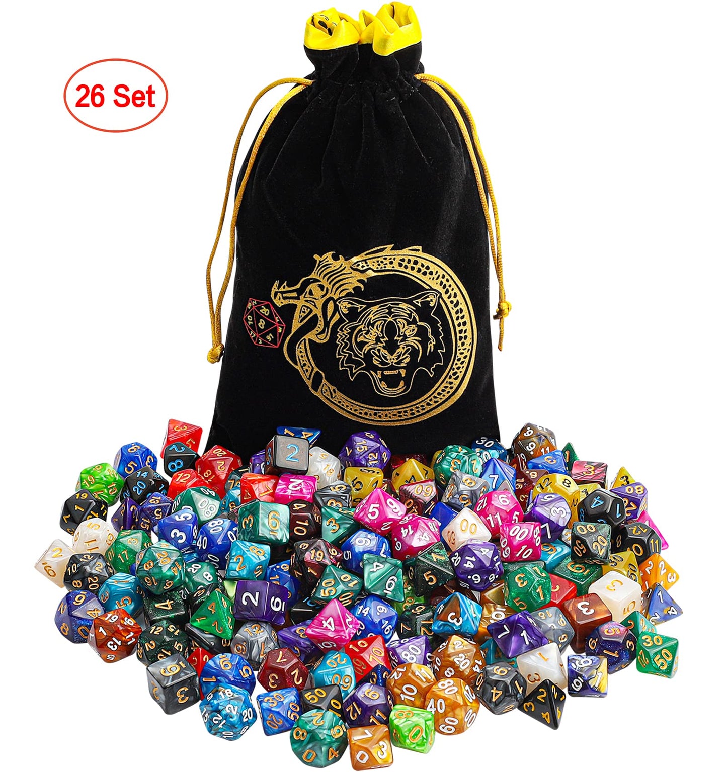 CiaraQ 182-Piece DND Dice Kit: 26 Sets of Polyhedral Dice + Large Drawstring Bag