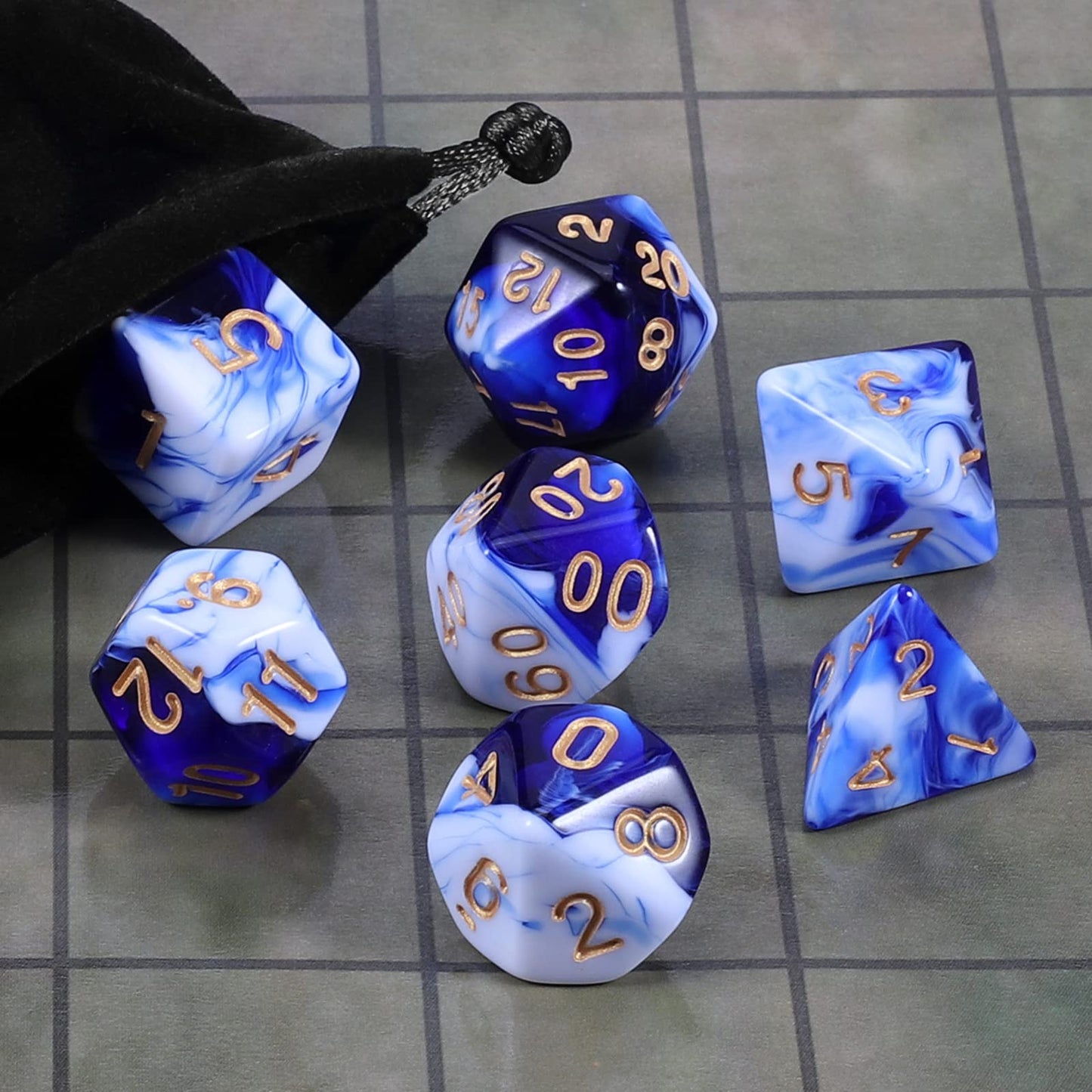 CiaraQ DND Polyhedral Dice Set with Velvet Bag – Blue Mixed White, for D&D & MTG