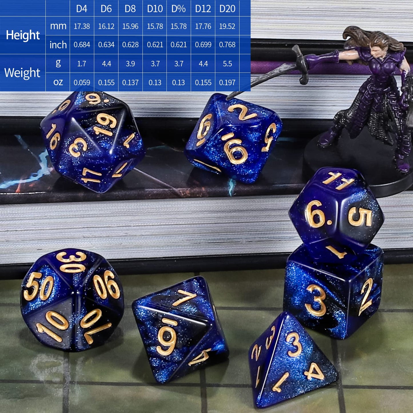 CiaraQ DND Polyhedral Dice Set with Dark Blue Glitter Pouch – 7 Dice + Velvet Bag