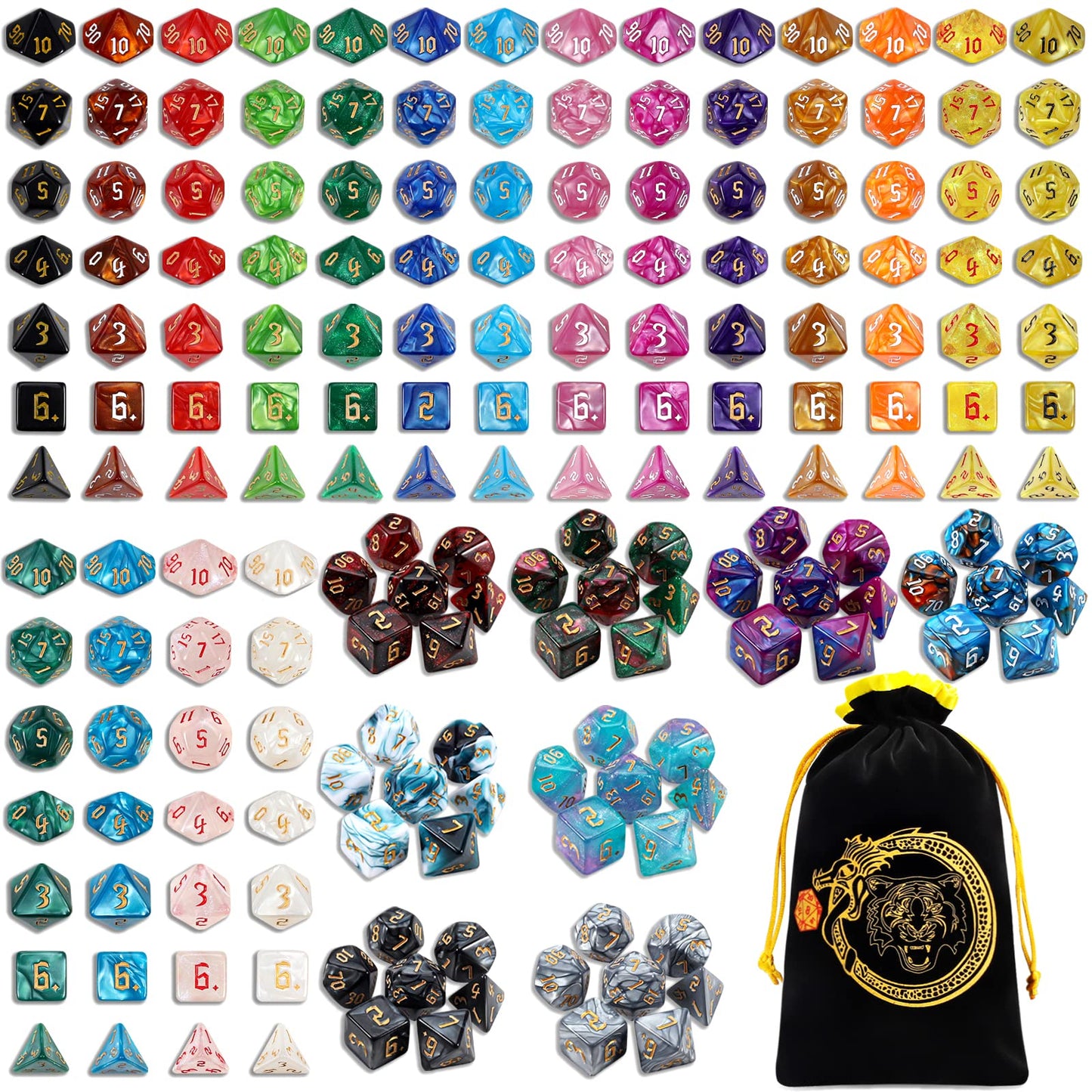 CiaraQ DND Dice Set – 182pcs Polyhedral Dice (26 x 7) with Drawstring Bag