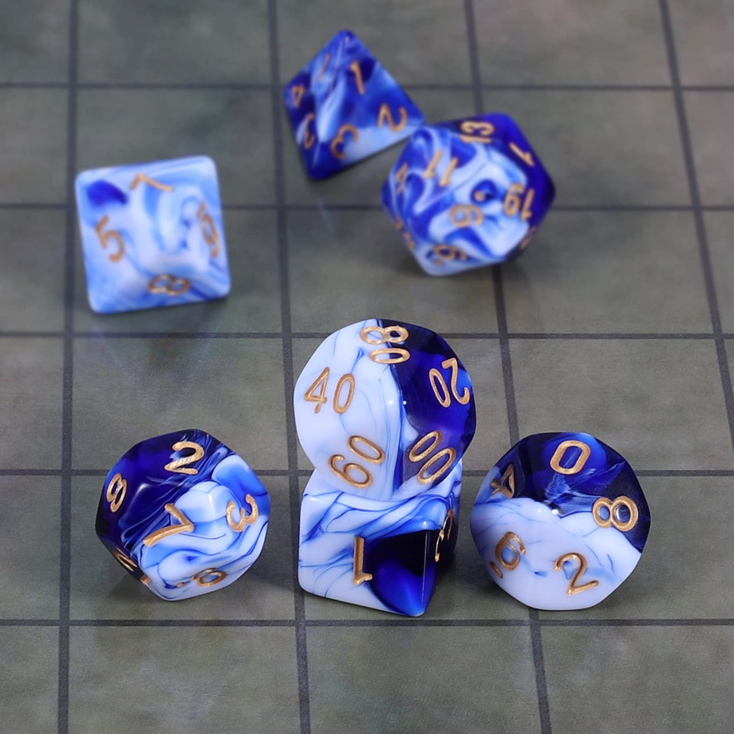 CiaraQ DND Polyhedral Dice Set with Velvet Bag – Blue Mixed White, for D&D & MTG