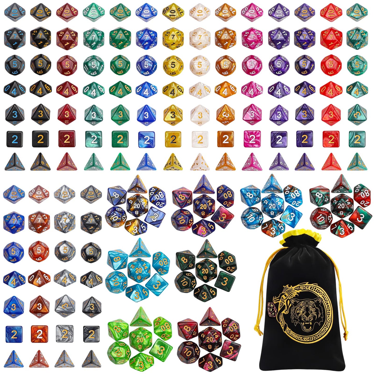 CiaraQ 182-Piece DND Dice Kit: 26 Sets of Polyhedral Dice + Large Drawstring Bag