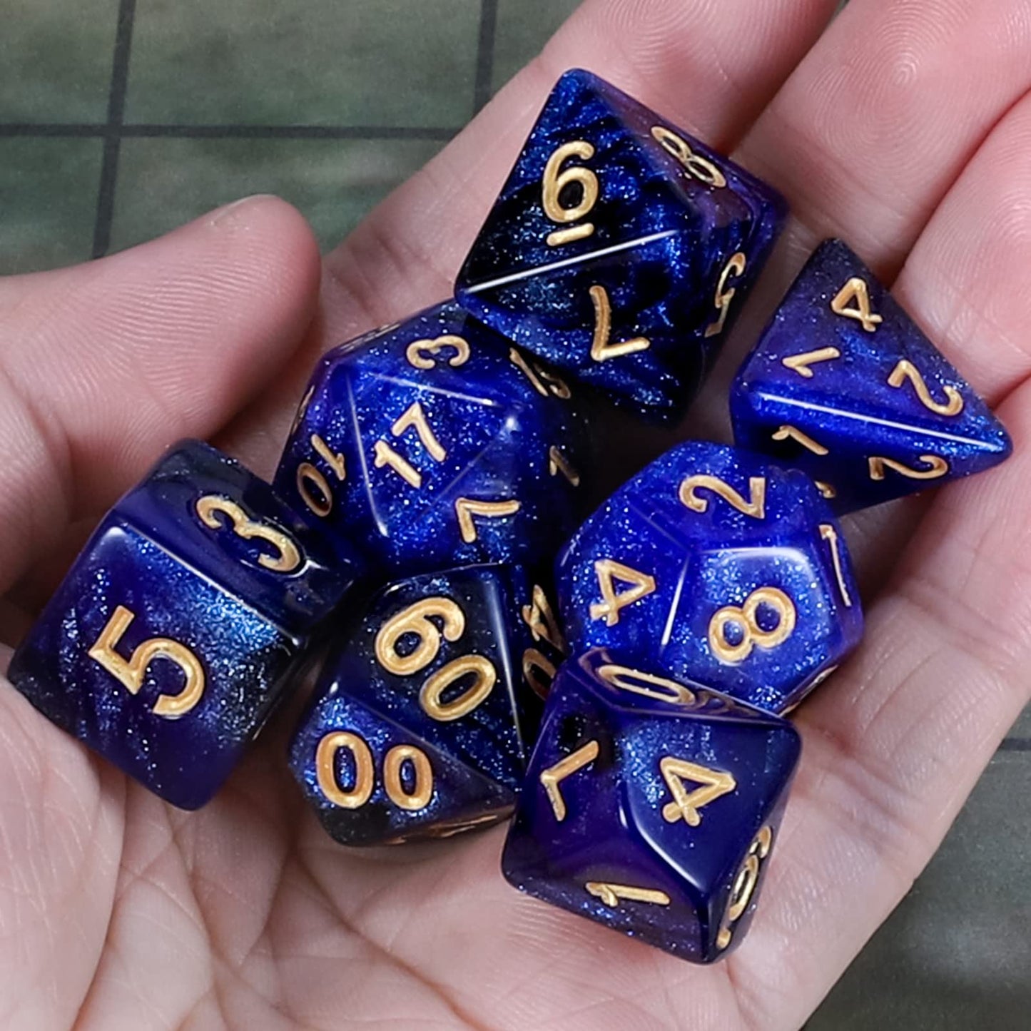CiaraQ DND Polyhedral Dice Set with Dark Blue Glitter Pouch – 7 Dice + Velvet Bag