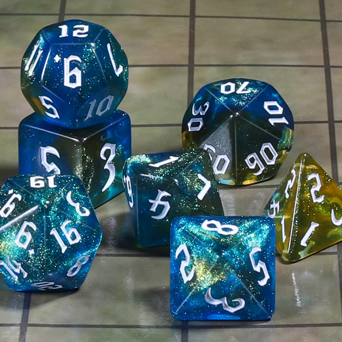CiaraQ DND Polyhedral Dice Set with Pouch – Blue, Yellow & Glitter | Durable Acrylic RPG Dice