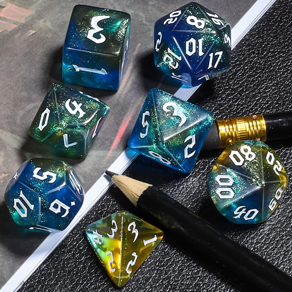 CiaraQ DND Polyhedral Dice Set with Pouch – Blue, Yellow & Glitter | Durable Acrylic RPG Dice