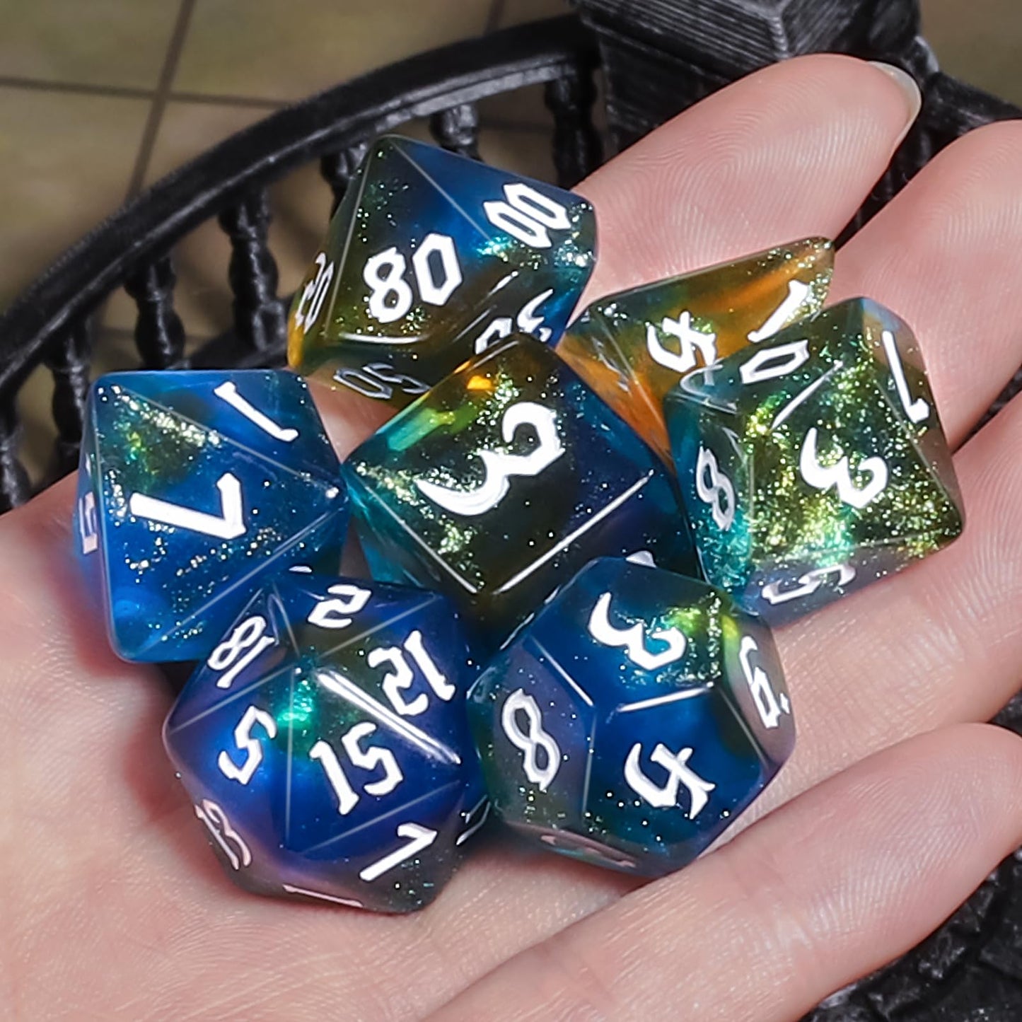 CiaraQ DND Polyhedral Dice Set with Pouch – Blue, Yellow & Glitter | Durable Acrylic RPG Dice