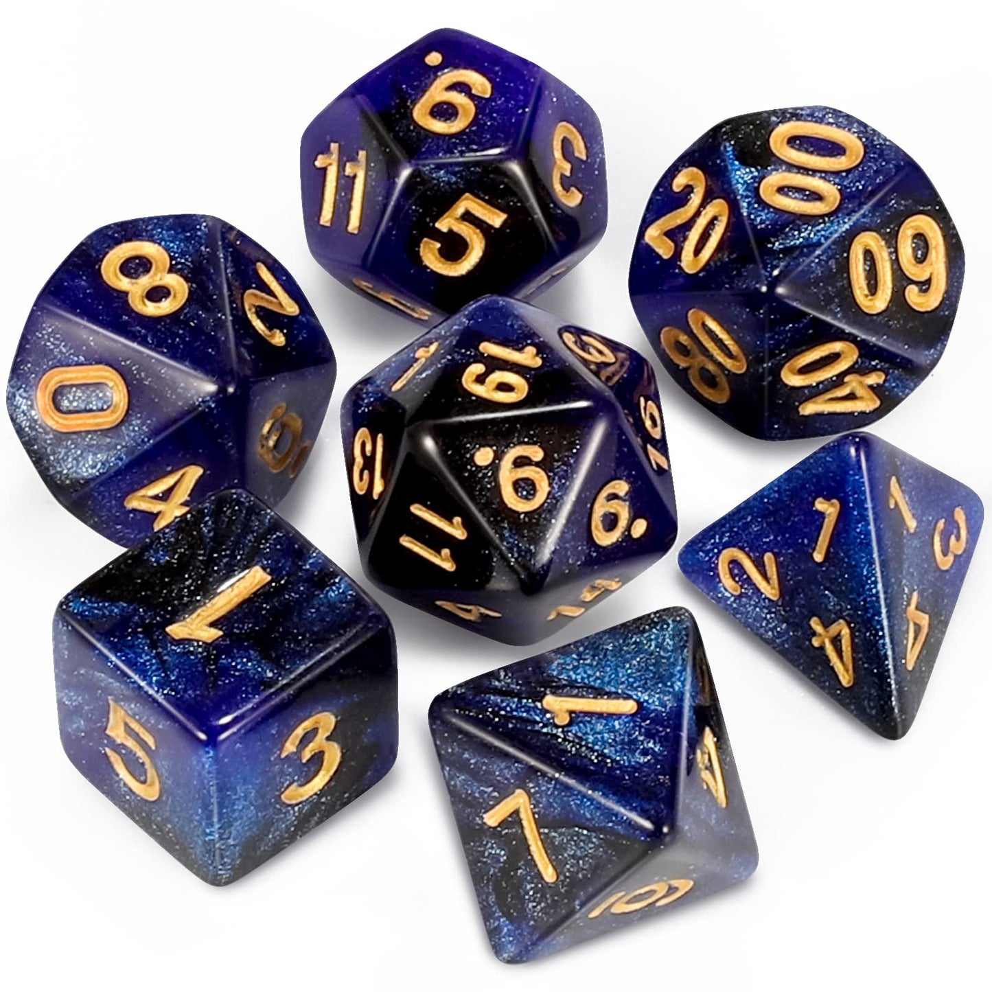 CiaraQ DND Polyhedral Dice Set with Dark Blue Glitter Pouch – 7 Dice + Velvet Bag