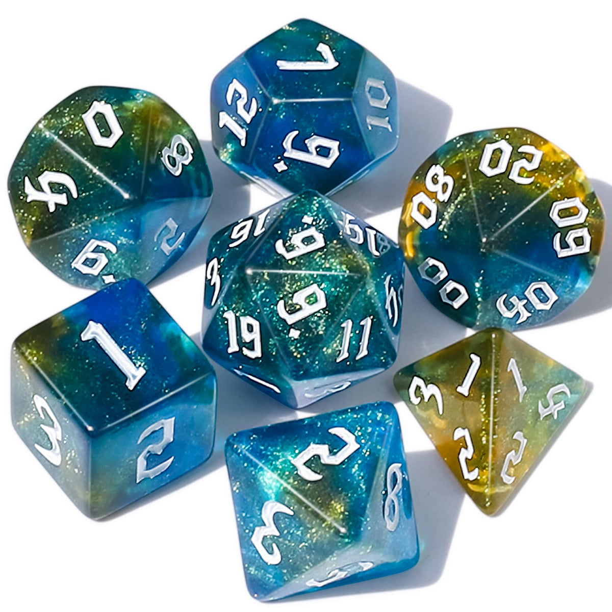 CiaraQ DND Polyhedral Dice Set with Pouch – Blue, Yellow & Glitter | Durable Acrylic RPG Dice
