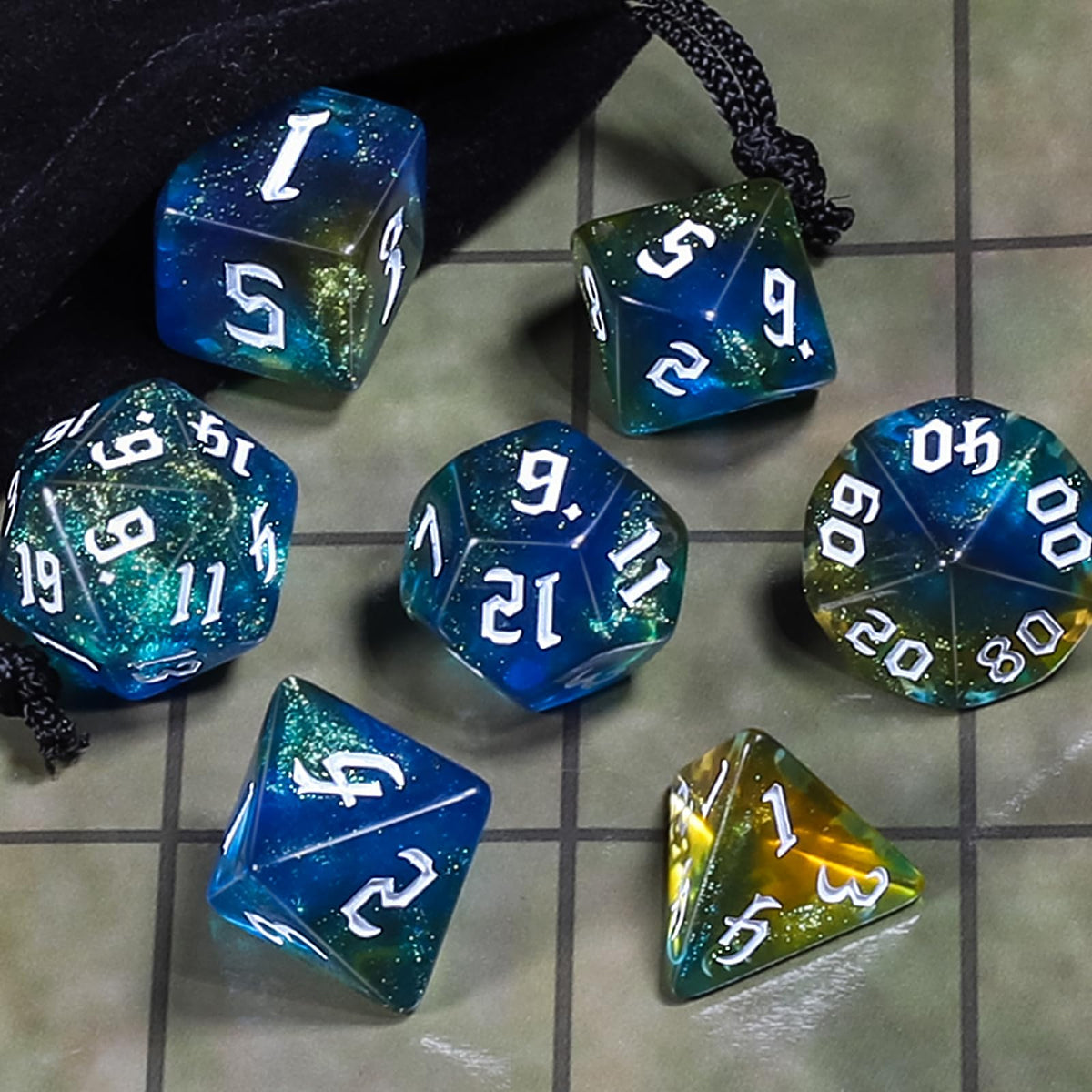 CiaraQ DND Polyhedral Dice Set with Pouch – Blue, Yellow & Glitter | Durable Acrylic RPG Dice