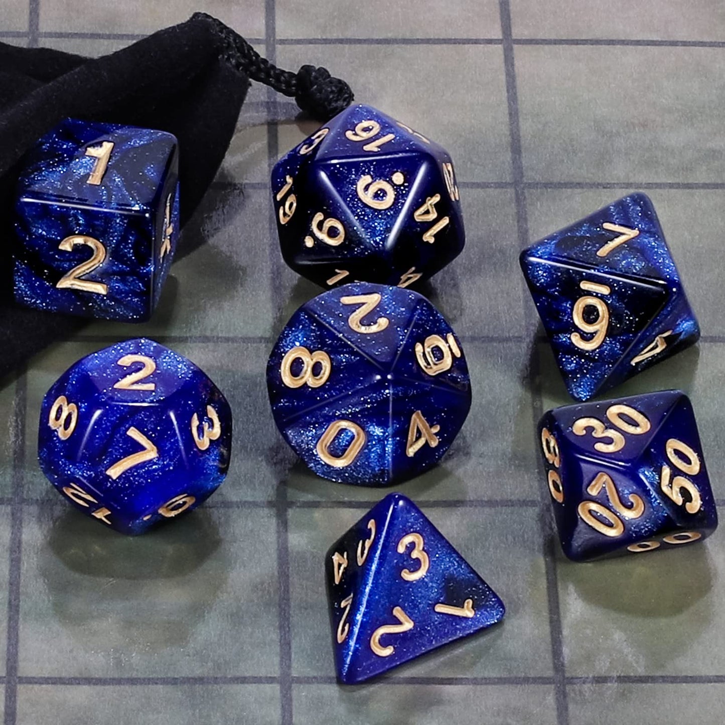 CiaraQ DND Polyhedral Dice Set with Dark Blue Glitter Pouch – 7 Dice + Velvet Bag
