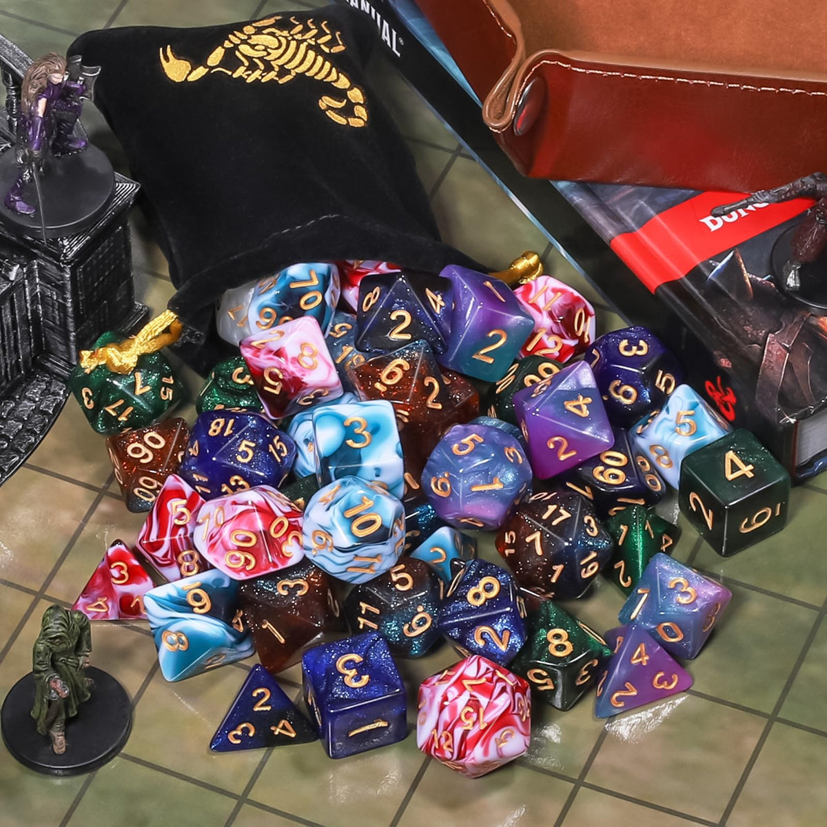 CiaraQ Polyhedral Dice Set – 42pc Multi-Color DND RPG Dice with Tray