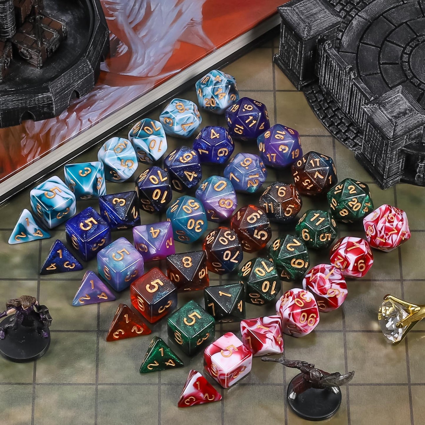 CiaraQ Polyhedral Dice Set – 42pc Multi-Color DND RPG Dice with Tray