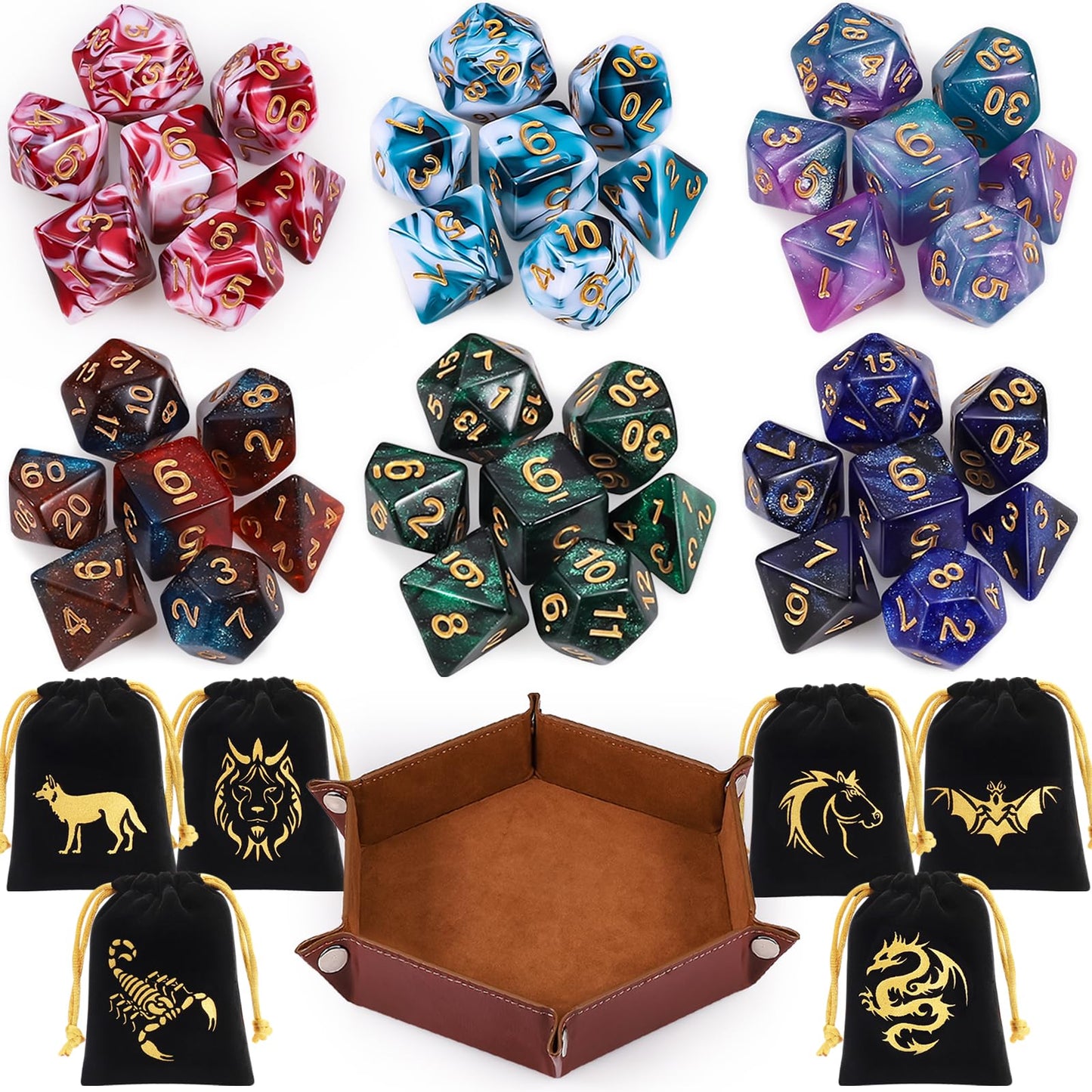 CiaraQ Polyhedral Dice Set – 42pc Multi-Color DND RPG Dice with Tray