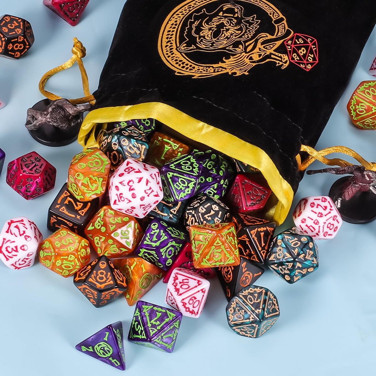 CiaraQ 42-Piece Polyhedral Dice Set – Halloween DND RPG Dice with Bag