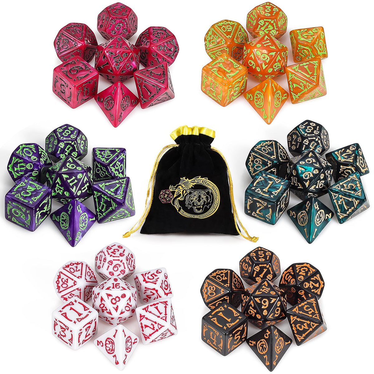 CiaraQ 42-Piece Polyhedral Dice Set – Halloween DND RPG Dice with Bag