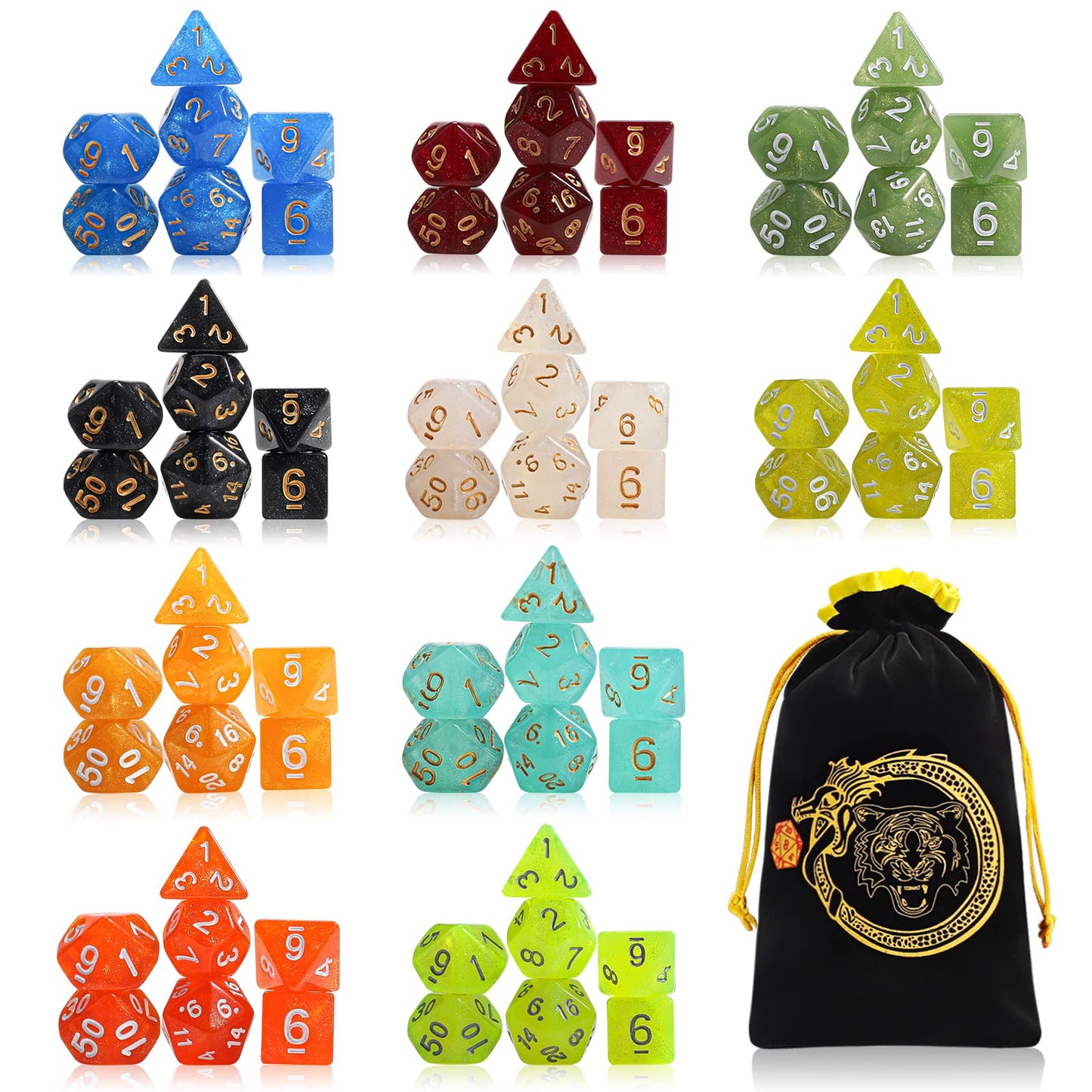 CiaraQ Polyhedral Dice Set - 70-Piece Monochrome DND Dice for D&D