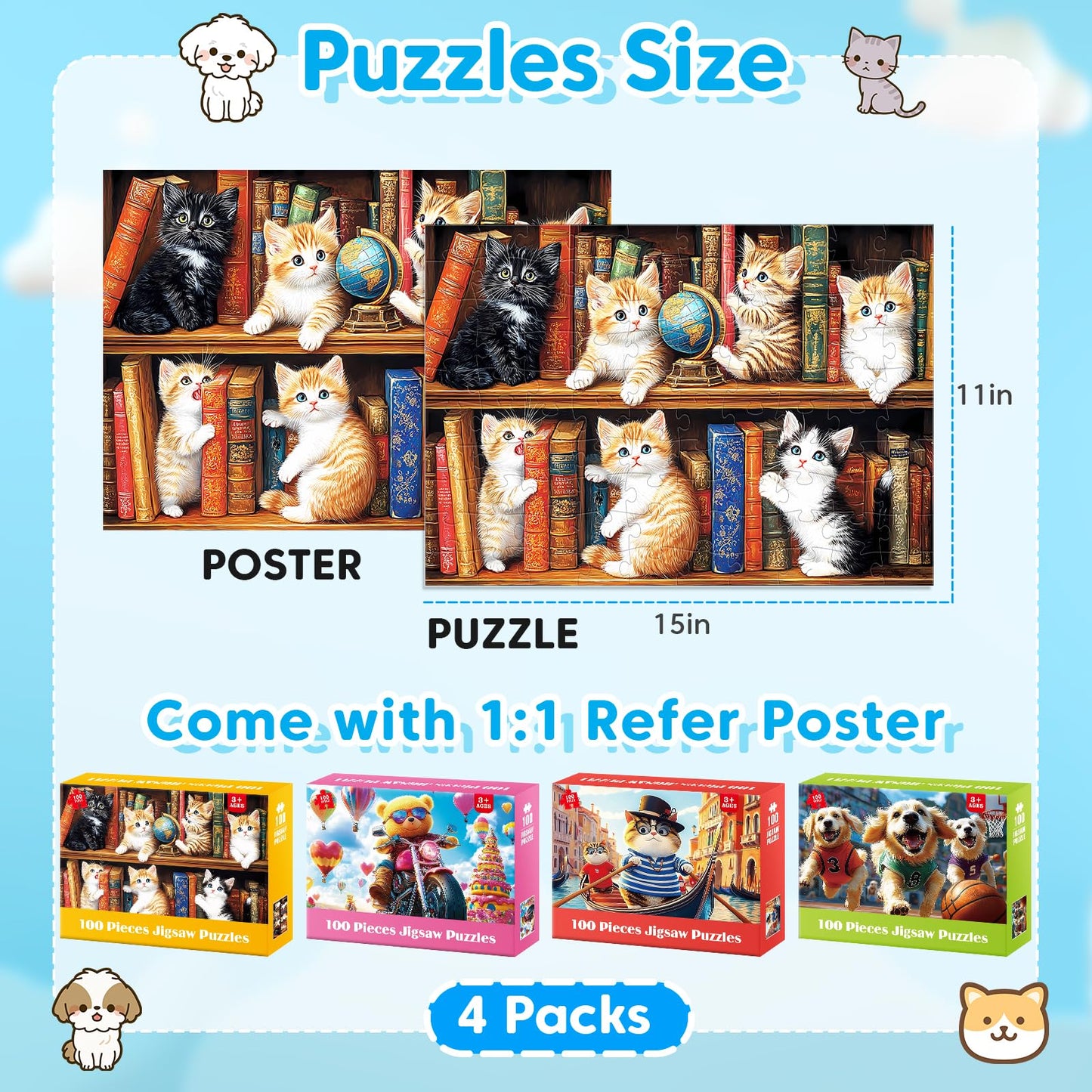 Ciavotie 4-Pack 100-Piece Puzzles for Kids 4-10 | Cats, Bears & Dogs Large Piece Puzzles